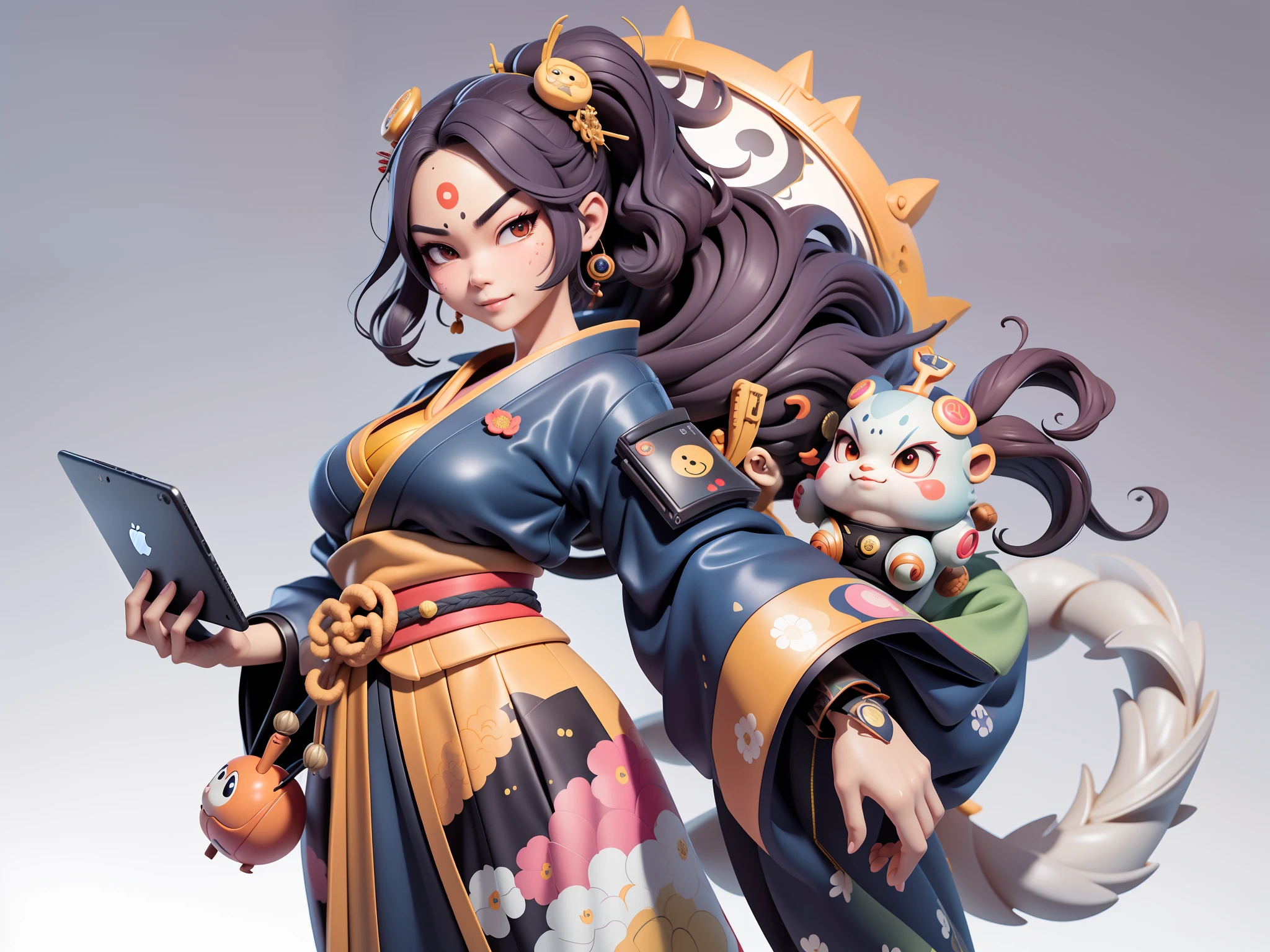 (Daisaku),(Need),(Super meticulous),(full bodyesbian:1.2),Japanese ukiyo-e girl,japanese geisha,Beautiful,Oriental dragon,Aeolian Thor,Raised sexy,爆乳,Oriental face,TV Anchor,Bust portrait illustration,Alone,In black suit,a blue tie,The face is slightly chubby,The face was clean,without a beard,Black super short hair,Black eyes,Smile confidently,3C computer sub-products,iPad, iphone,Digital painting,3D character design by Mark Clairen and Pixar and Hayao Miyazaki and Akira Toriyama,The illustration is a high-definition illustration in 4K resolution,With very detailed facial features and cartoon-style visuals。