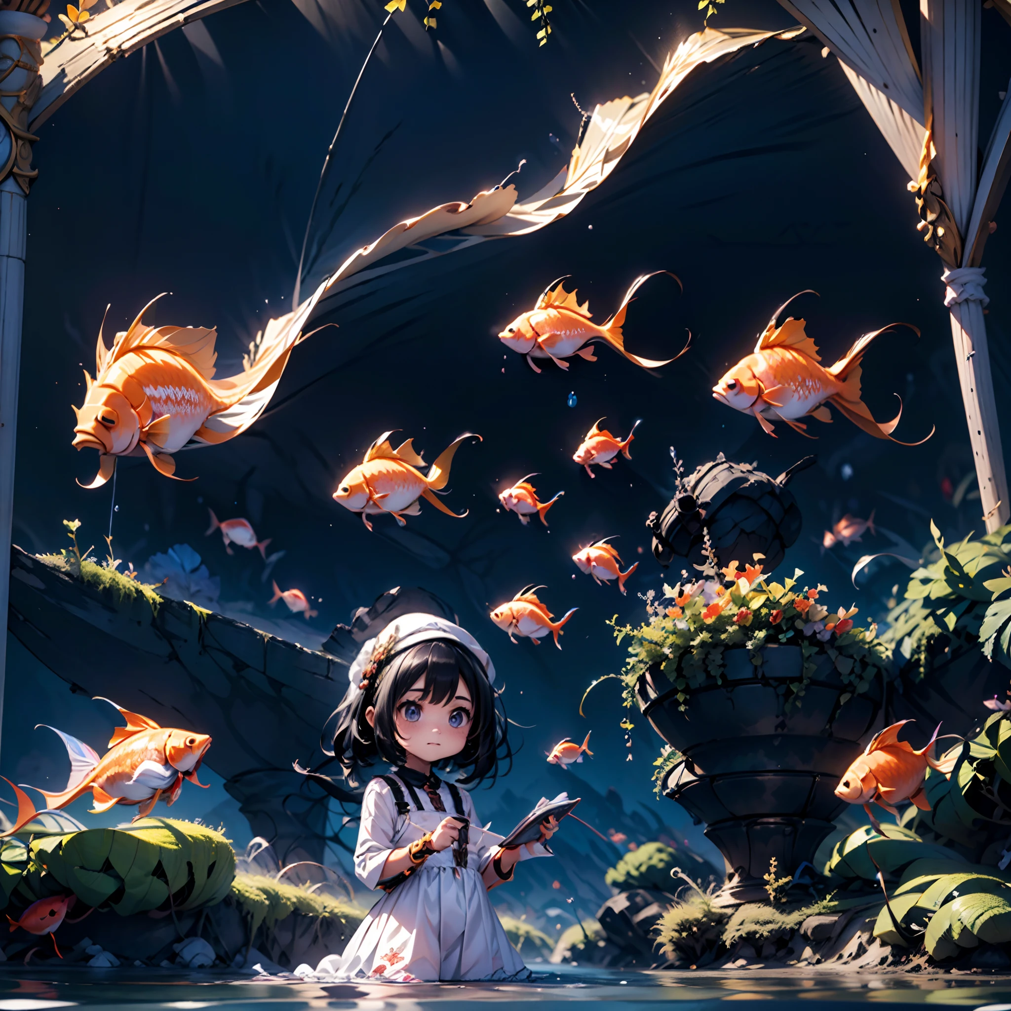 a 3D render，Q version character style，1  girl, black hair,wearing a white dress， lying in the bottom of the river, full body, surrounded with fancy carps