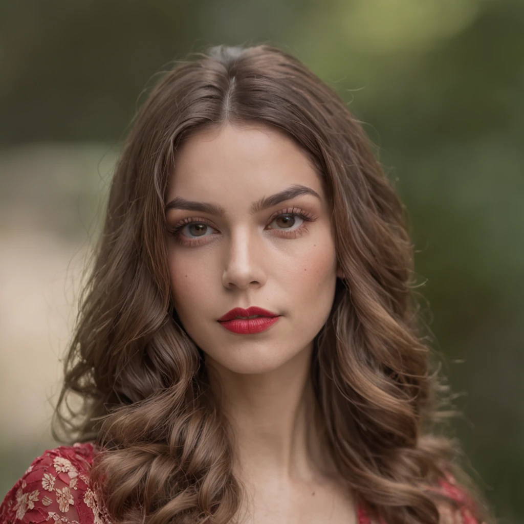 retrato de uma linda modelo de 25 anos, cabelos castanhos e lisos, outfit de luxo na cor vermelha, 8k UHD, DSLR, alta qualidade, grain of film, Fujifilm XT3