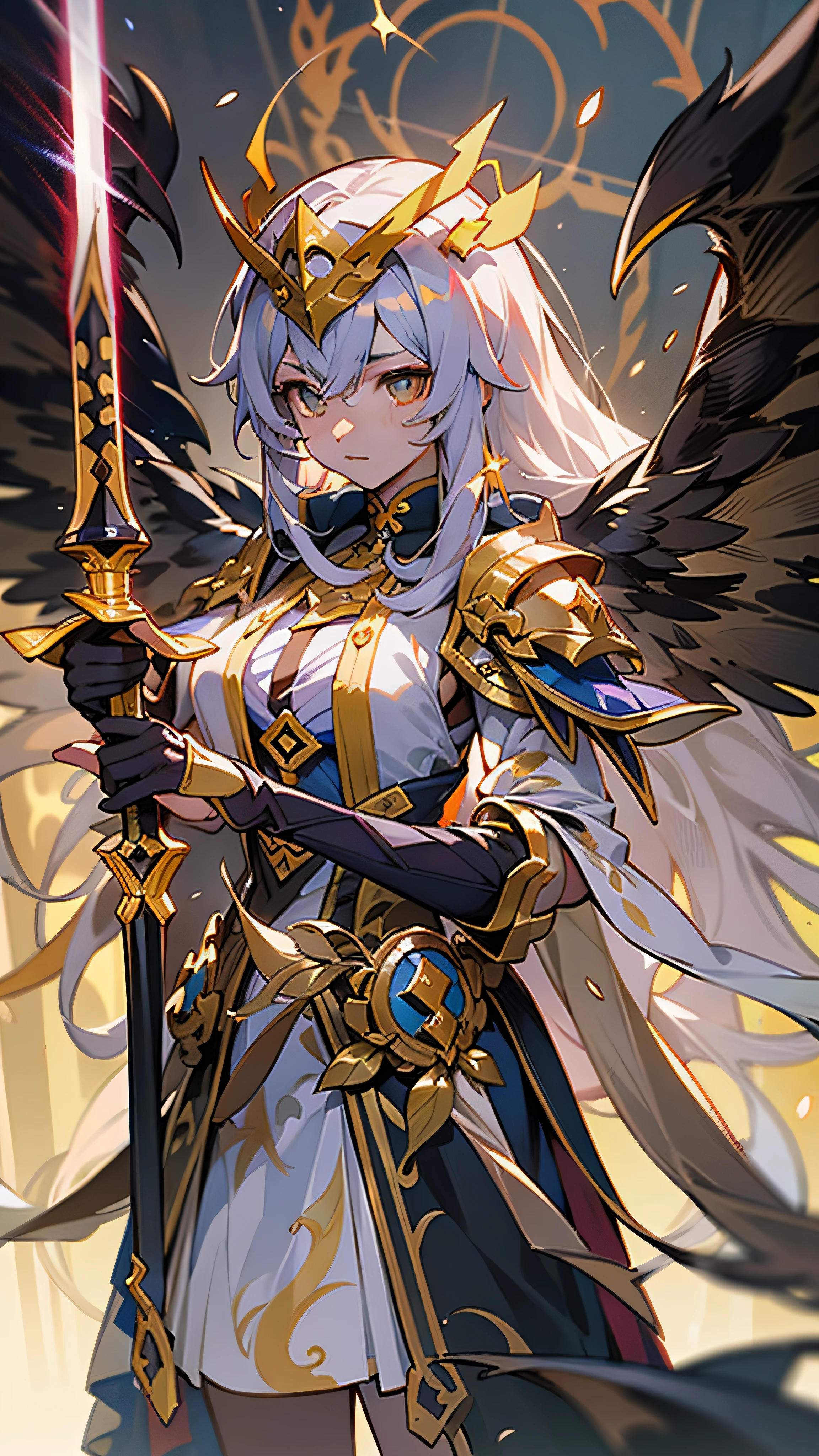 Anime figure，Dark villain，Beauty side face，Long hair flying，（golden headdress），Two teenage girls back to back，（Simple helmet）Spark ashes burn，The samurai held a sword, Wear contrasting armor, The full picture of the witch and witch skeleton,（standing full-body），（（Faraway view）），（HD8K），ultra-wide-angle，The background is gorgeous，the original god, demon anime girl, Angel anime girl，fantasy paladin man, Dragon Knight,Spread your black feathered wings，Mobile Genshin Influence, Anime 8 k, Anime fantasy illustration, Genshin Impact, Tough and cold character, Detailed key anime art, Ayaka Genshin impact, onmyoji portrait，Close-up of shooting random weapons, Comic book epic artwork, Epic fantasy digital art style,Epic fantasy art style, 8K high quality detailed art, Epic fantasy art style HD, Faraway view，Behind him，It is a golden glowing magic array。，Purify the flame，HD anime visuals，full portrait of magical knight，