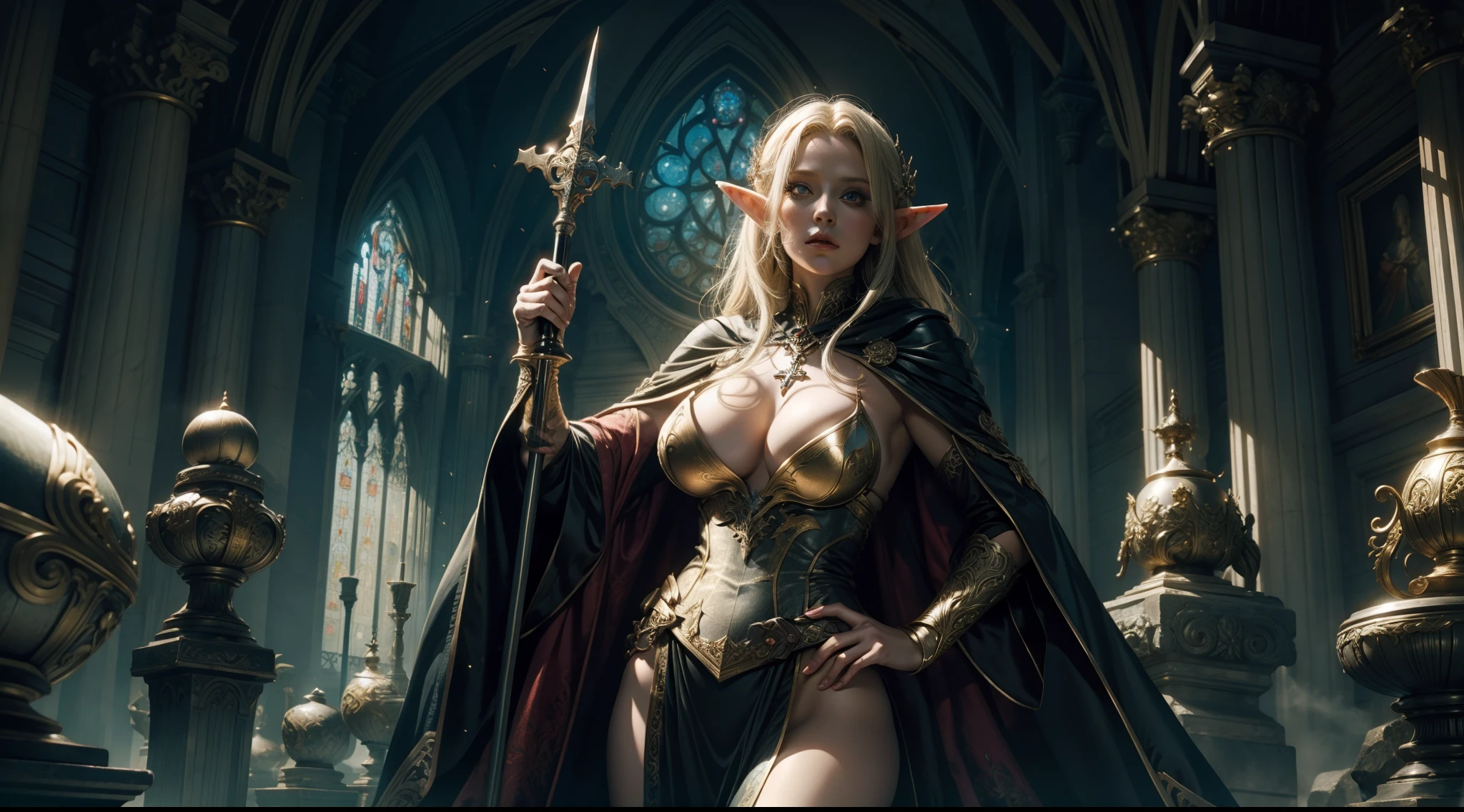 Female elf,Large breasts,magnificent robe,sceptre,dramatics,dynamicposes,The background is a mystery symbol,magia,Huge cross