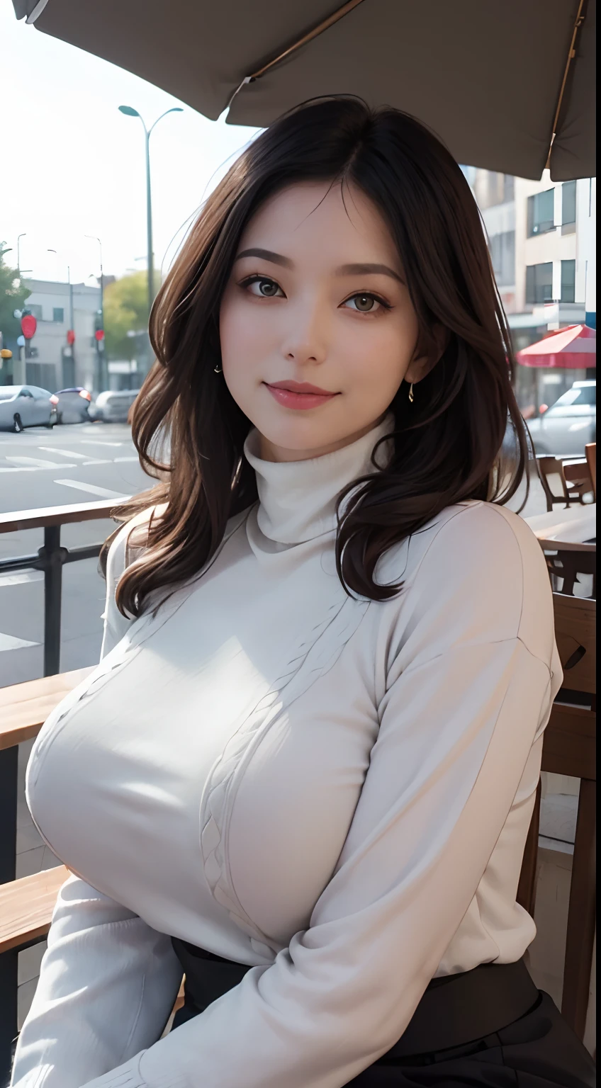 ((A mature woman sitting in front of a cafe)),((turtleneck shirt:1.3)). 40k, photography, masterpiece, best quality, dark gray background, ((adult, wife, Mother, milf)), ((plump breasts)), perfect脸, perfect , ((Big breasts)), ((1 girl with brown eyes and gorgeous brunette hair)). a beautiful japanese woman,full soft breasts and white skin, ((very soft breasts)). Super detailed face, delicate eyes, Awkward, Smile, summer, daytime, (((slave collar))), Half body, obsolete, huge breasts