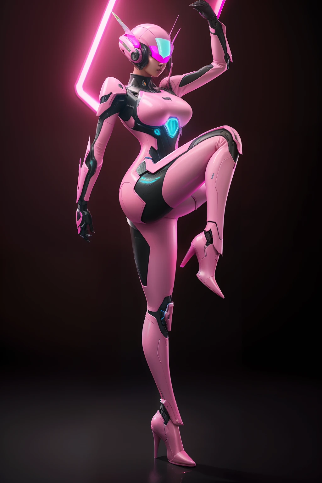 Portrait (ung Women), (((Full body))), (Mecha futuristic pink sci-fi bodyplug suit), (Mechanical Futuristic Yellow Body Plug Mask), Realistic, Sharp Focus, Highly detailed, Convoluted, Photography, hyper realisitic, Flat, Dramatic Lighting, High kick pose with right foot、Dark background