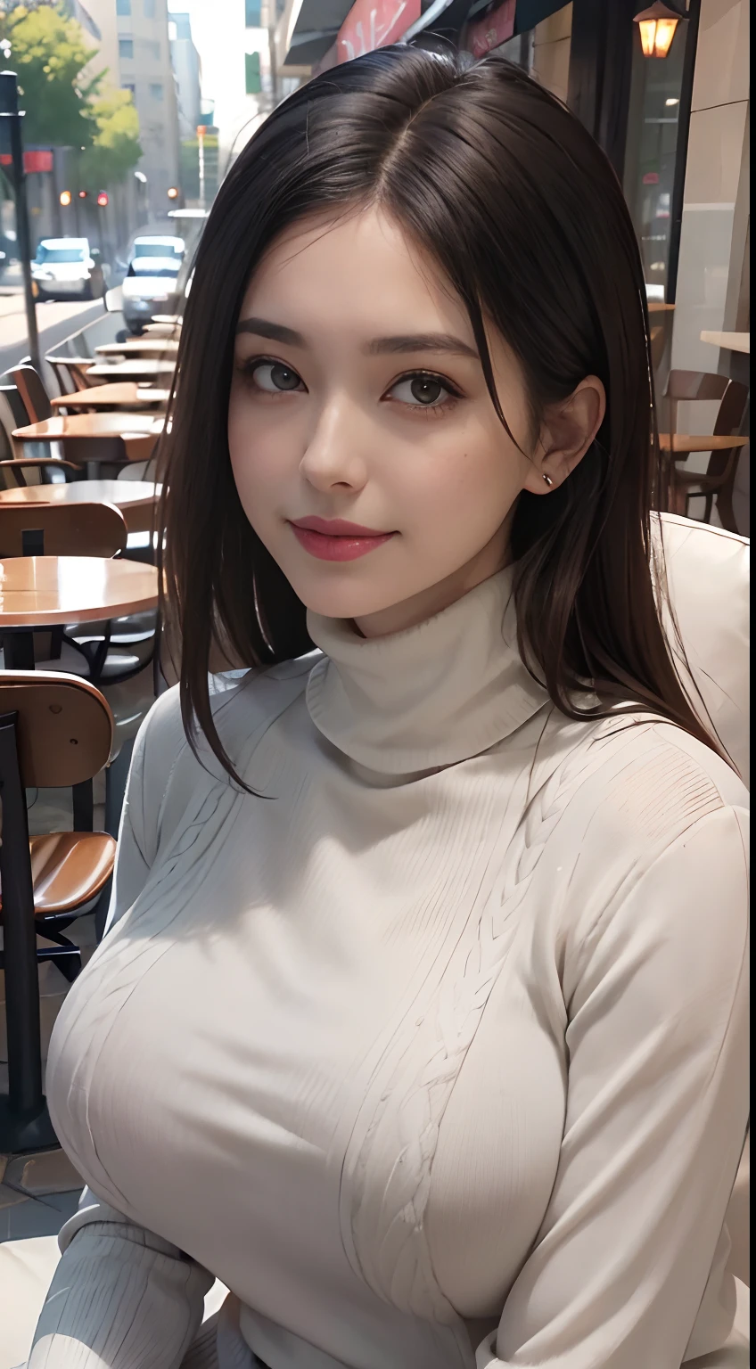 ((A mature woman sits in front of a café)),((turtleneck shirts:1.3)). 40k, Photography, Masterpiece, Best quality, dark grey background, ((Mature women, Wife, Mom, A MILF)), ((A plump chest)), Perfect face, perfect boobs, ((Breast-huge)), ((1 girl with brown eyes and gorgeous light black hair)). a Pretty Japanese woman,full soft breasts and white skin, ((very soft breasts)). Ultra-detailed face, Detailed eyes, Embarrassed, Smile, Summer, Daytime, (((Slave collar))), Half body, dated