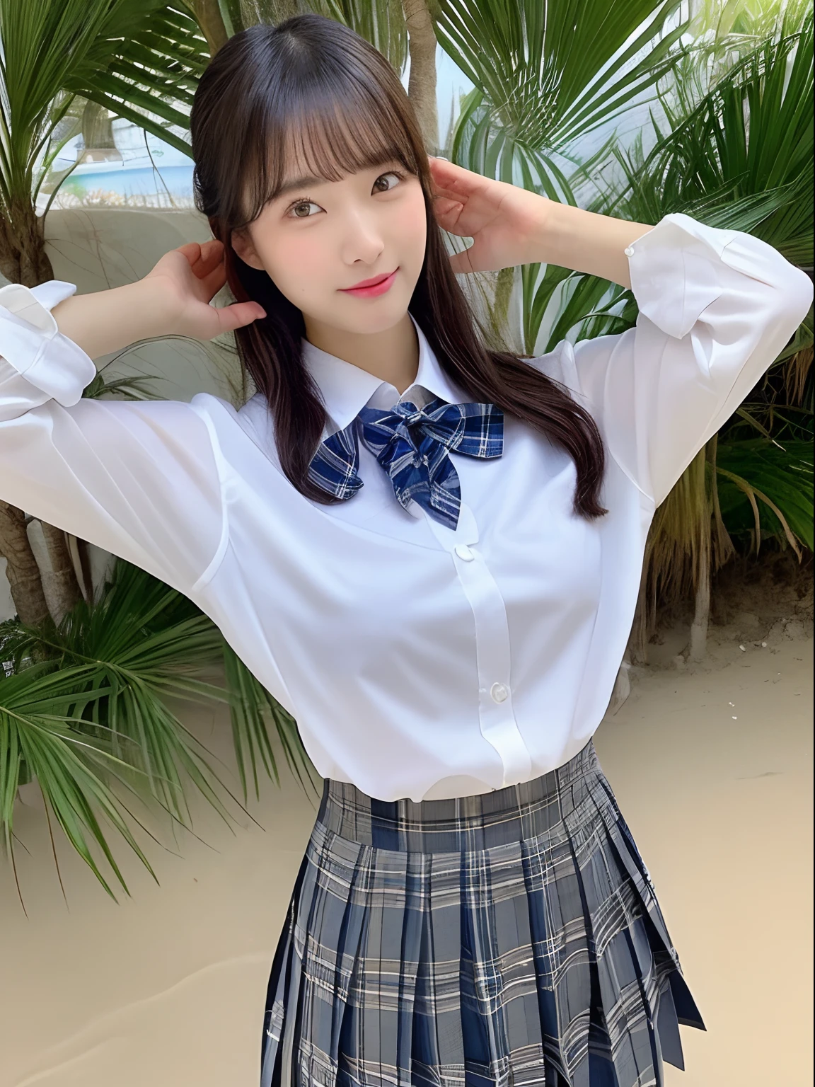 ((top-quality、8K、masterpiece:1.3))、foco nítido:1.2、Beautiful schoolgirl in perfect style:1.4、A slender、((A dark-haired、huge tit、tits out:1.2))、(夏天、Mare、beach、Enoshima:1.1)、Highly detailed facial and skin texture、A detailed eye、二重まぶた、Sweaty、A sexy、the beach、summer vacation、date、Okinawa、hawaii、Mare、sand beach、ocean view、((beach))、((Uniform 1.5))、jk suit plaid skirt pleated skirt shirt bowtie