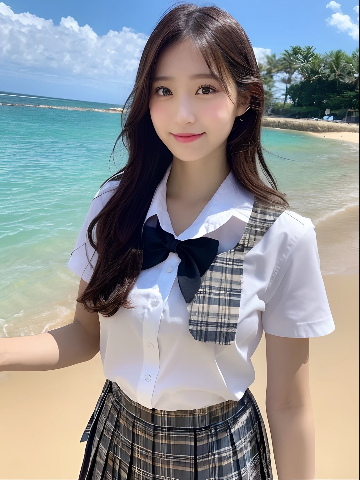 ((top-quality、8K、masterpiece:1.3))、foco nítido:1.2、Beautiful schoolgirl in perfect style:1.4、A slender、((A dark-haired、huge tit、tits out:1.2))、(夏天、Mare、beach、Enoshima:1.1)、Highly detailed facial and skin texture、A detailed eye、二重まぶた、Sweaty、A sexy、the beach、summer vacation、date、Okinawa、hawaii、Mare、sand beach、ocean view、((beach))、((Uniform 1.5))、jk suit plaid skirt pleated skirt shirt bowtie