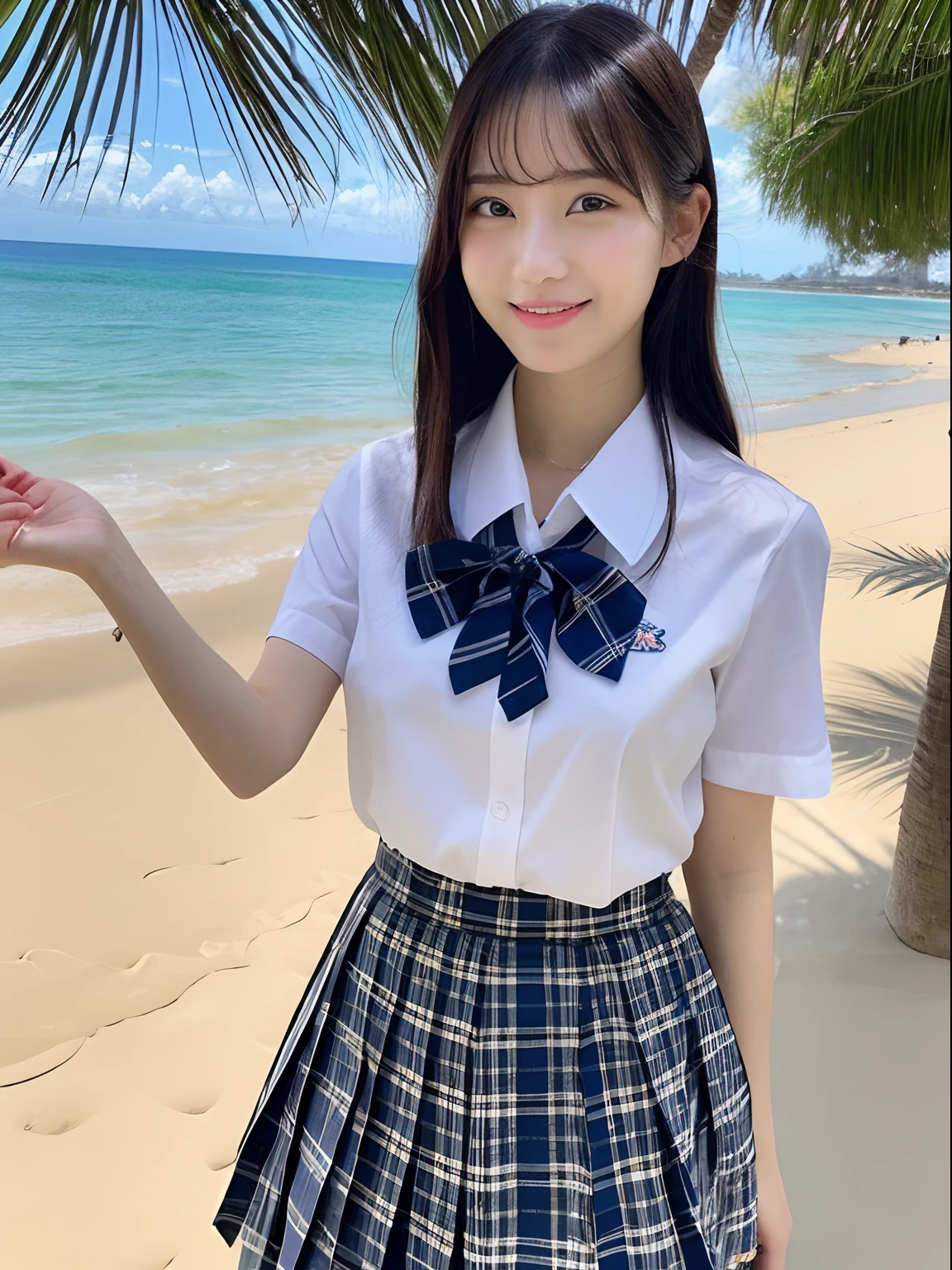 ((top-quality、8K、masterpiece:1.3))、foco nítido:1.2、Beautiful girl in perfect style:1.4、A slender、((A dark-haired、huge tit、tits out:1.2))、(夏天、Mare、beach、Enoshima:1.1)、Highly detailed facial and skin texture、A detailed eye、二重まぶた、Sweaty、A sexy、the beach、summer vacation、date、Okinawa、hawaii、Mare、sand beach、ocean view、((beach))、((Uniform 1.5))、jk suit plaid skirt pleated skirt shirt bowtie