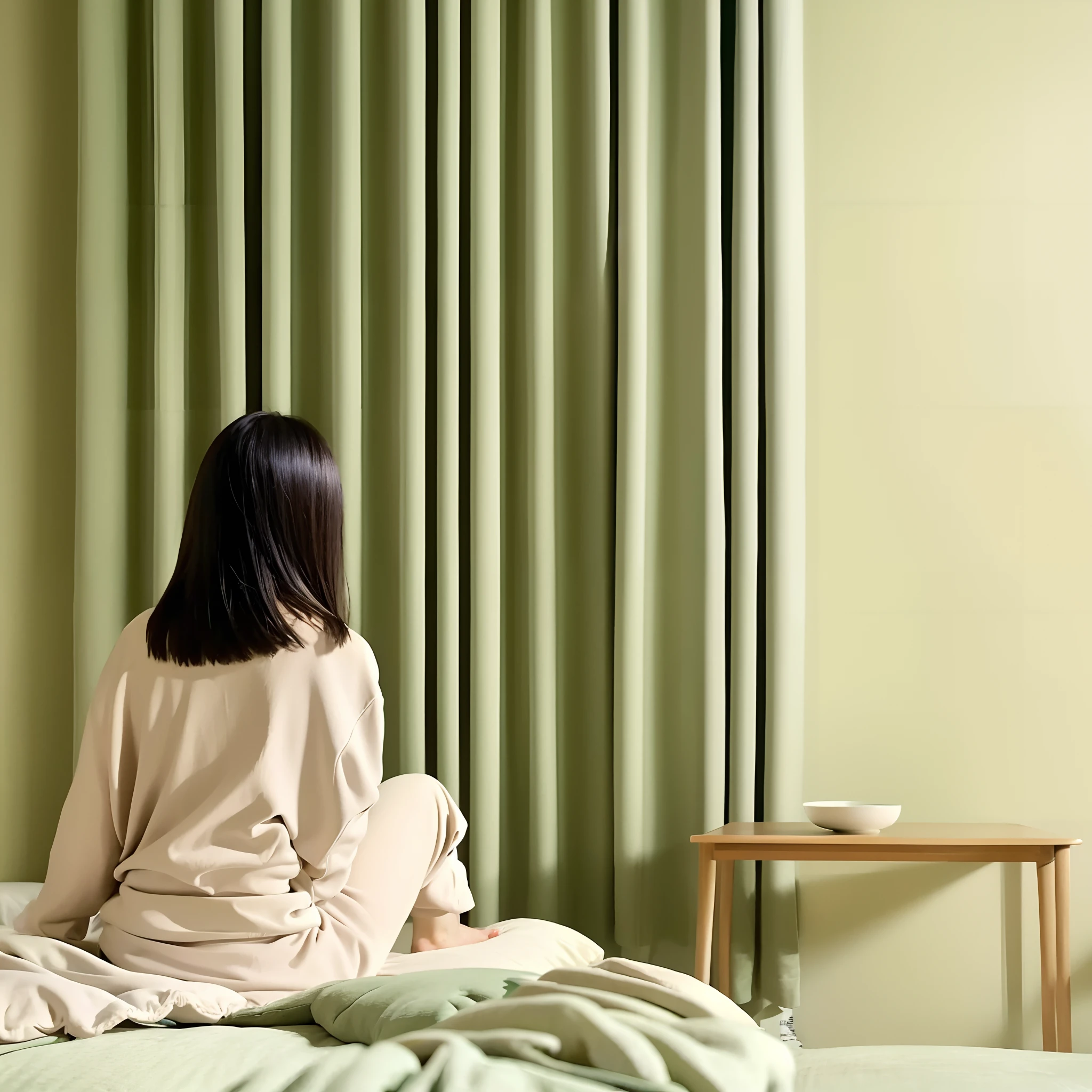 there is a woman sitting on a bed in a room, cozy calm! fabrics textiles, sitting in bedroom, sitting on the edge of the bed, muted colors with minimalism, pastel colour. Minimalist, sitting on the edge of the bed, background made of big curtains, someone in home sits in bed, fully covered in drapes, inspired by Fei Danxu, soft zen minimalist