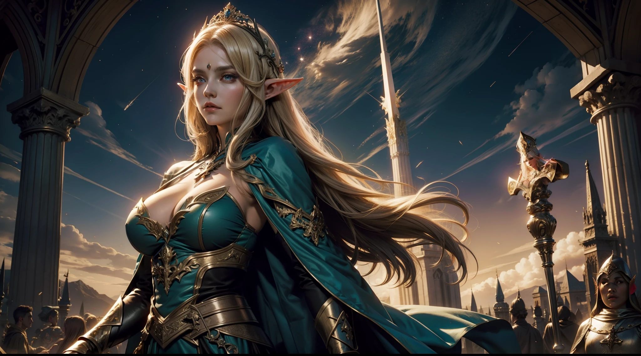 Female elf,Large breasts,magnificent robe,sceptre,dramatics,dynamicposes,The background is a mystery symbol,magia,Huge cross