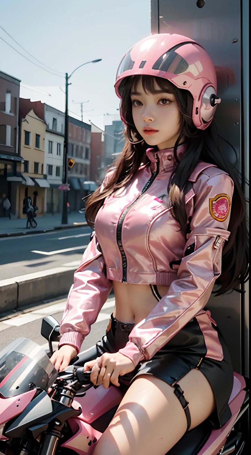 Highest image quality, outstanding details, ultra-high resolution, (realism: 1.4), the best illustration, favor details, highly condensed 1girl, with a delicate and beautiful face, wearing a pink mech, wearing a mecha helmet, holding a direction controller, riding on a motorcycle, the background is a high-tech lighting scene of the future city.