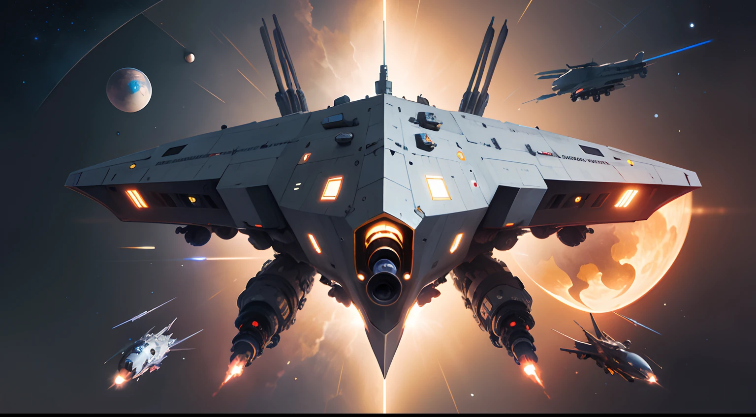 concept -art RetroFuturismAI: cylindrical spaceship of symmetrical shape, battle ship, Dark shades, command post, in planetary orbit defending against enemy ships
