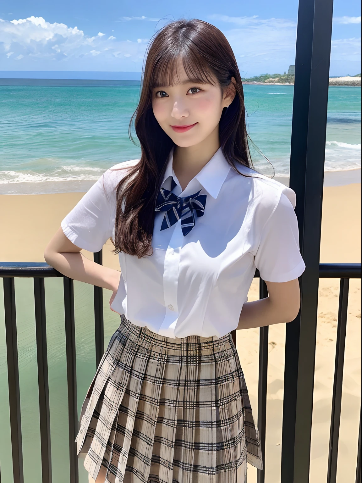 ((top-quality、8K、​masterpiece：1.3))、foco nítido：1.2、Beautiful schoolgirl in perfect style：1.4、A slender、((A dark-haired、huge tit、tits out：1.2))、(夏天、Mare、beach、Enoshima:1.1)、Highly detailed facial and skin texture、A detailed eye、二重まぶた、Sweaty、A sexy、the beach、summer vacation、date、Okinawa、hawaii、Mare、sand beach、ocean view、((beach))、((Uniform 1.5))、jk suit plaid skirt pleated skirt shirt bowtie