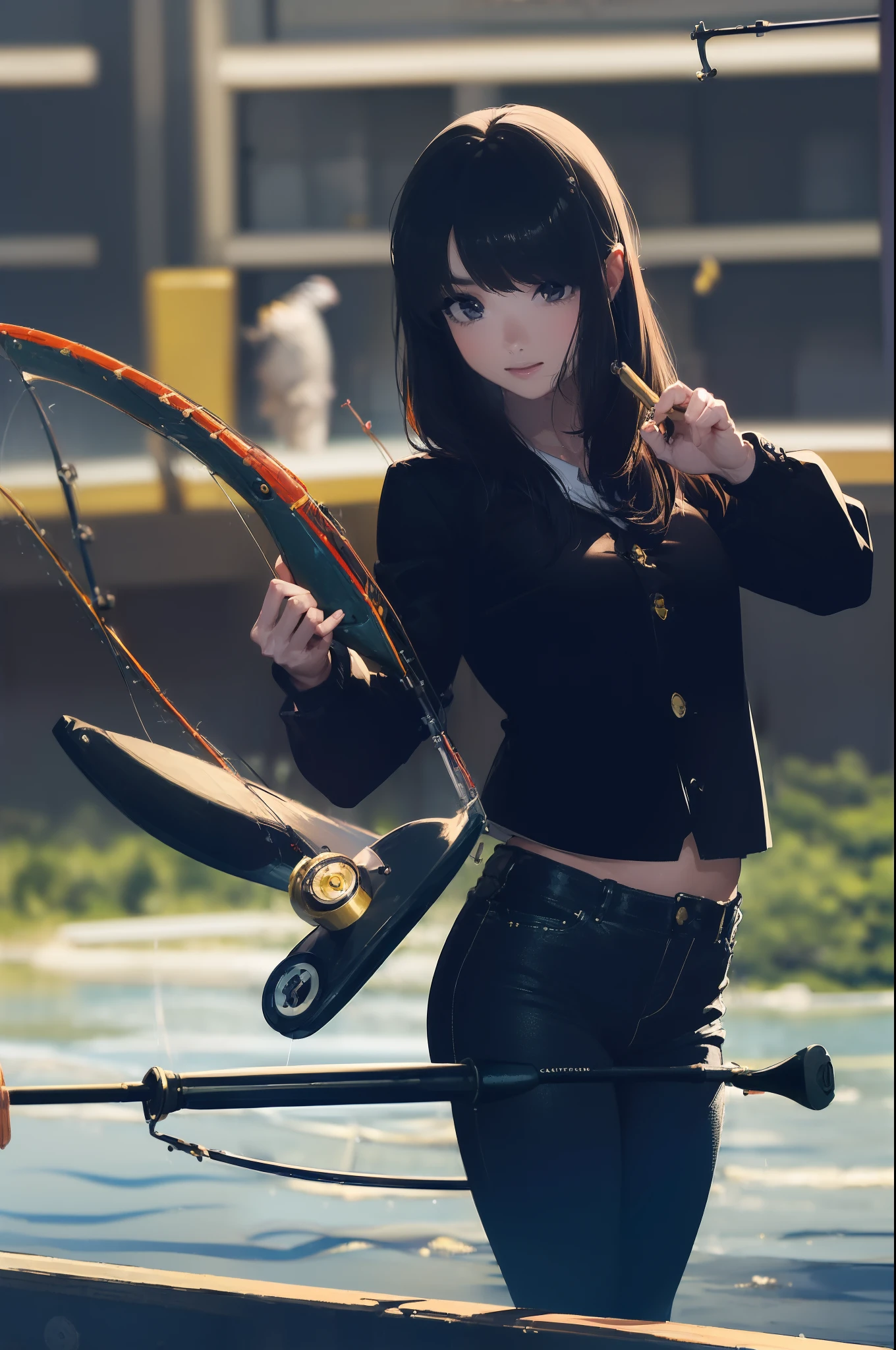 ((((having a fishing rod with a reel by the lakeside:1.5)))),((Female 28 years old)),((Best Quality:1.5)),(((Hands with the correct number and structure of fingers:1.4))),((Big fish:1.37)),hight resolution,ultra-detailliert,​masterpiece,best qualtiy,(Eight-headed body),Black hair, long eyes-lashes, Solid Circle Eyes, drop shadow, Atmospheric perspective,Super Detail, ccurate, small brest,(Black jacket and black jeans :1.1),top-quality, blurry backround, bokeh dof:1.2, (​masterpiece:1.3),  Atmospheric perspective,Super Detail,dynamic compositions,
