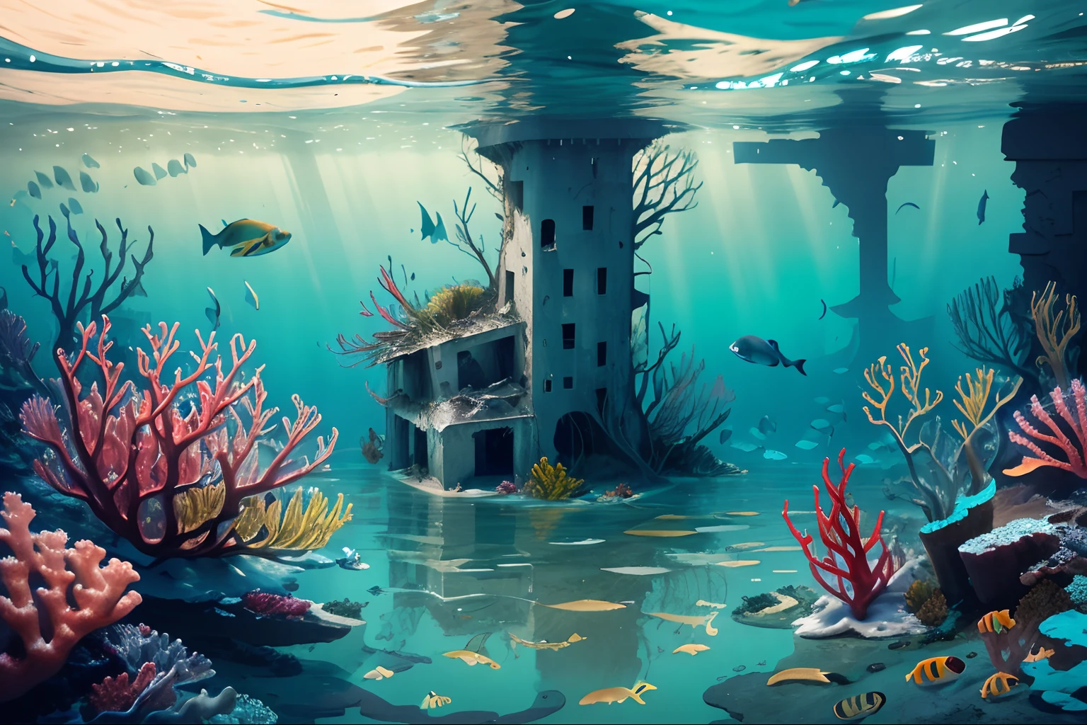 ocean floor，((the ocean:1.5)(Underwater world)），, nuclear radiation，Deformed fish，fishbone，Contaminated seabed,（Nuclear radiation contamination:1.2）(Best quality), (Masterpiece), (Photorealistic), (Realistic), Very detailed, Unity 8k wallpaper, Very detailed CG, Ray traching, Sharp shadows, Great detail, Depth of field, Super detailed background, Crumbling civilization,  Green engulfs and decays cities, Flooded and collapsed cities, , Plant life, , Underwater cityscape, aquatic creature, Ruined city, Wide shot
