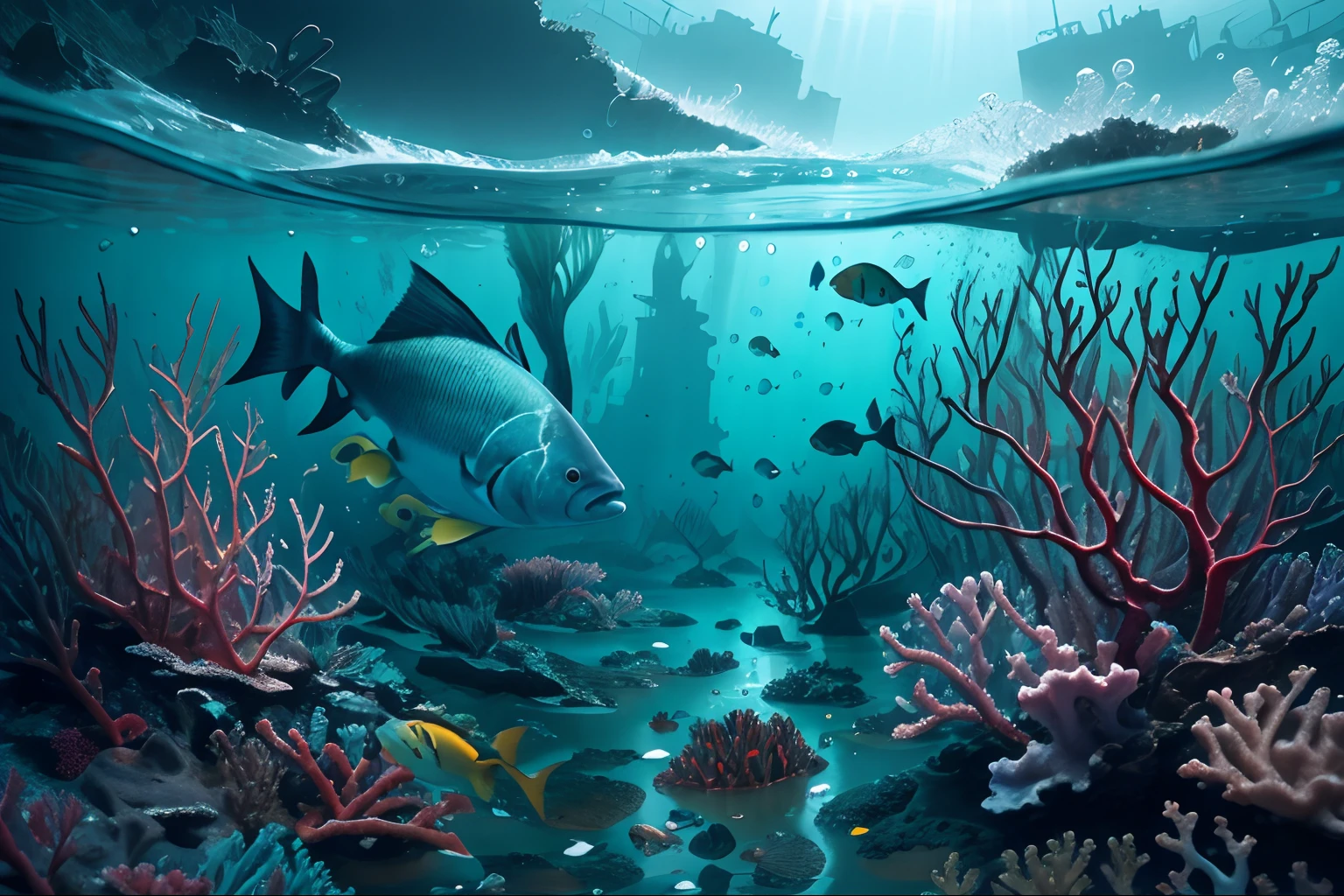 ocean floor,((the ocean:1.5)(Underwater world)),, nuclear radiation,Deformed fish,fishbone,Contaminated seabed,(Nuclear radiation contamination:1.2)(Best quality), (Masterpiece), (Photorealistic), (Realistic), Very detailed, Unity 8k wallpaper, Very detailed CG, Ray traching, Sharp shadows, Great detail, Depth of field, Super detailed background, Crumbling civilization, Green engulfs and decays cities, Flooded and collapsed cities, , Plant life, , Underwater cityscape, aquatic creature, Ruined city, Wide shot