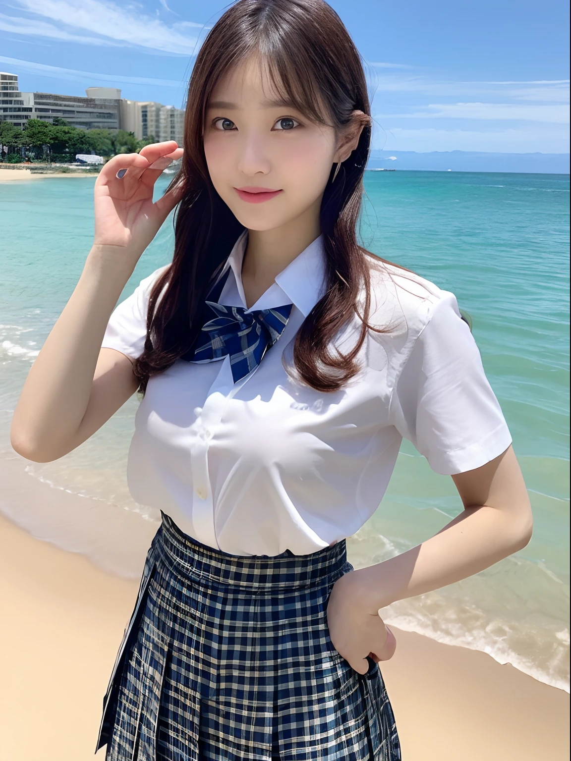 ((top-quality、8K、masterpiece:1.3))、foco nítido:1.2、Beautiful girl in perfect style:1.4、A slender、((A dark-haired、huge tit、tits out:1.2))、(夏天、Mare、beach、Enoshima:1.1)、Highly detailed facial and skin texture、A detailed eye、二重まぶた、Sweaty、A sexy、the beach、summer vacation、date、Okinawa、hawaii、Mare、sand beach、ocean view、((beach))、((Uniform 1.5))、jk suit plaid skirt pleated skirt shirt bowtie