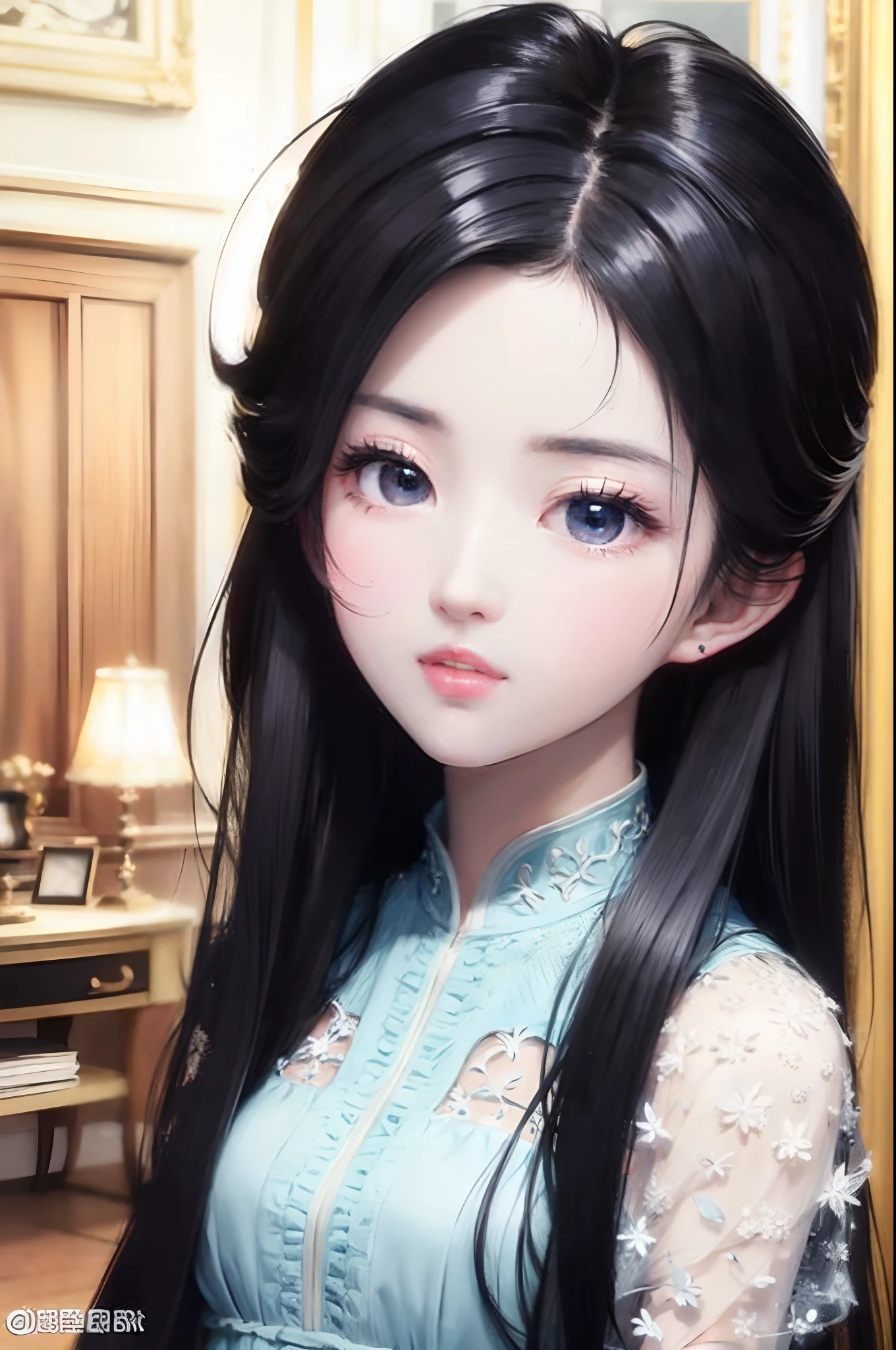best quality, masterpiece, liuyifei, Black hair, blue eyes, looking up, upper body, bokeh, ru_qun