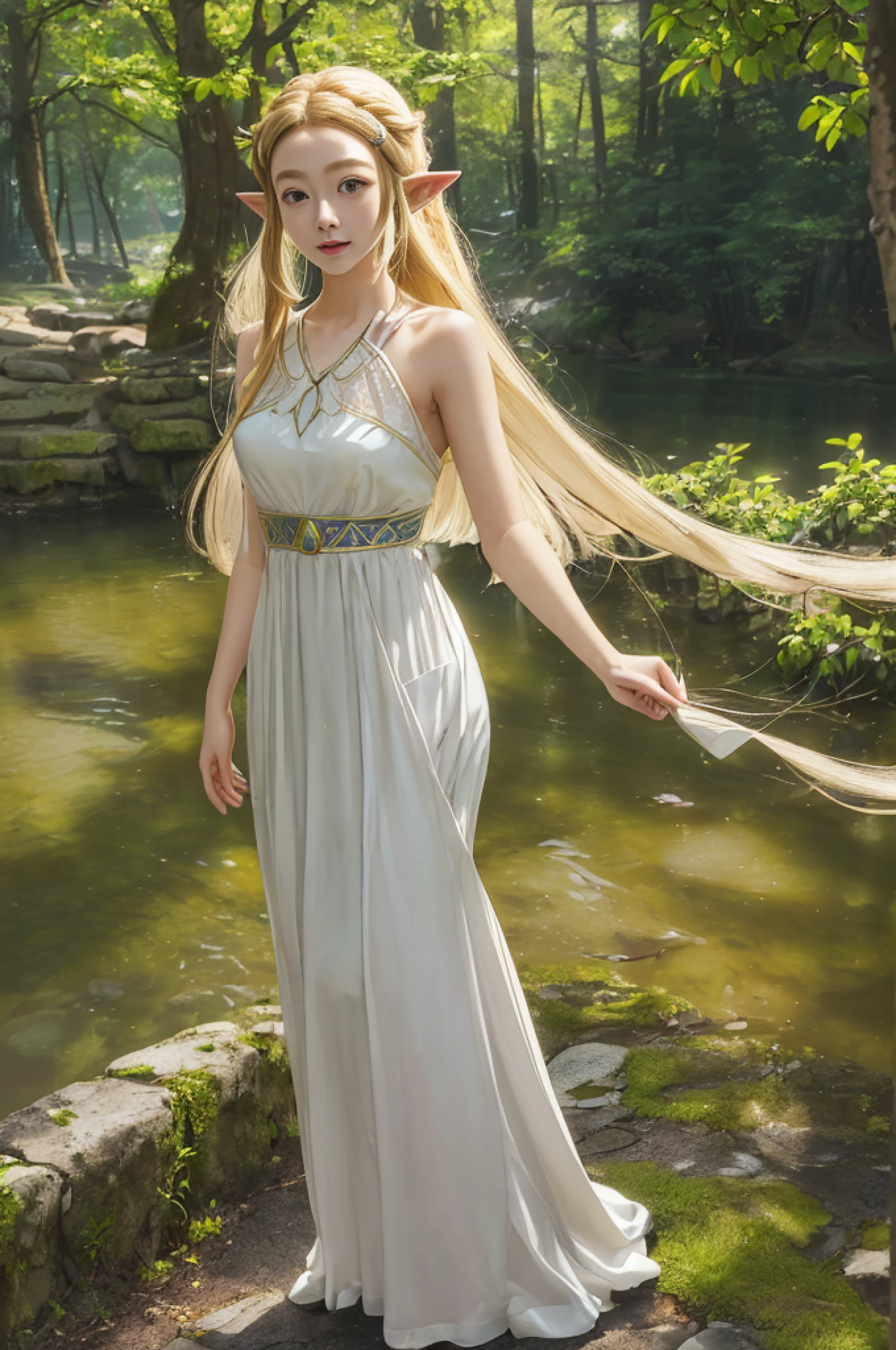 8k, raw camera, highres, detailed, masterpiece, portrait, photorealistic, hyperrealist, aesthetic, beautiful, best quality, highly detaile, best quality clothing, aesthetic clothings, professional angle, rule of thirds, Feminine, delicate, beautiful, 19 years, attractive Japanese, (solo), 1 girl, (Princess Zelda,, Botw), (In Outdoors), ((Full Body)), ((From Front) Shallow Depth of Field), -, ((Normal)), (Semi Long Hair, Blonde Hair), (Loose Hair, Braid, - Hair), ((HairClips, Pointy Ears)), (- Eyes, Open Eyes, Cheerful Gaze), (-, Arms Down, Hands Down), ((Standing), Closed Mouth), -, -, (Average Bust), ((White Dress, -)), (-, -), (Delicate Clothes), beautiful body, beautiful eyes, shiny eyes, shiny hair, beautiful mouth, beautiful lips, beautiful skin, beautiful face