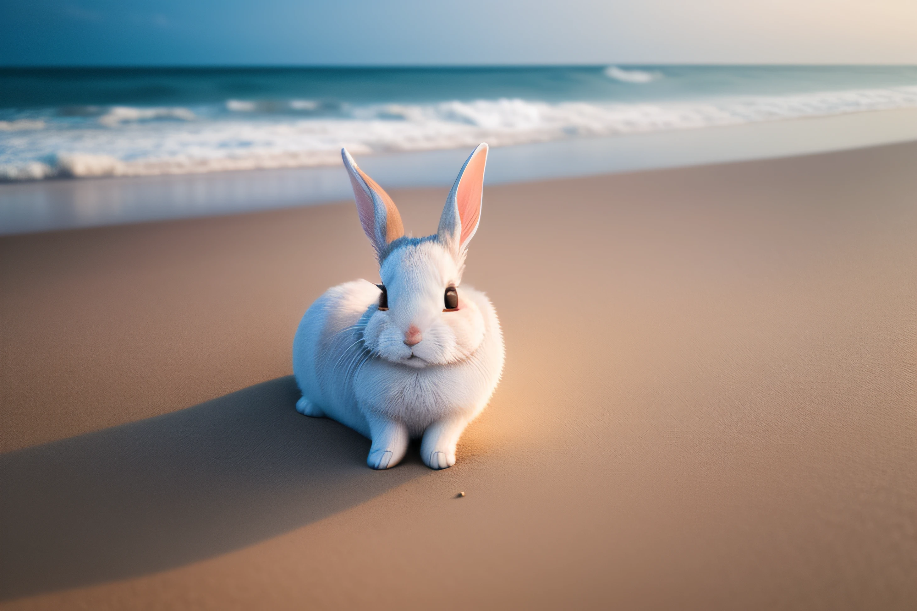 Close-up photo of a little rabbit lying on the beach,Aerial overhead shot,clean backdrop,depth of fields,largeaperture,photography of,volume fog,Halo,blooms,Dramatic atmosphere