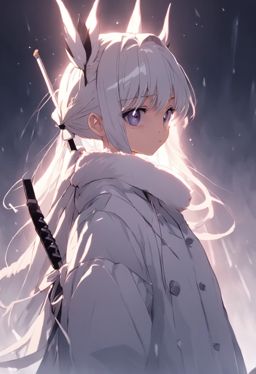 A young girl in a white leather coat，Has beautiful white hair，pony tails，Headband，Blank eyes，Horse Ears，Hand pulling black bow and arrow，She was a knight