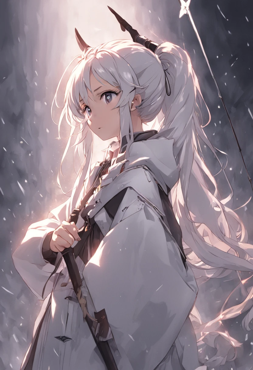 A young girl in a white leather coat，Has beautiful white hair，pony tails，Headband，Blank eyes，Horse Ears，Hand pulling black bow and arrow，She was a knight