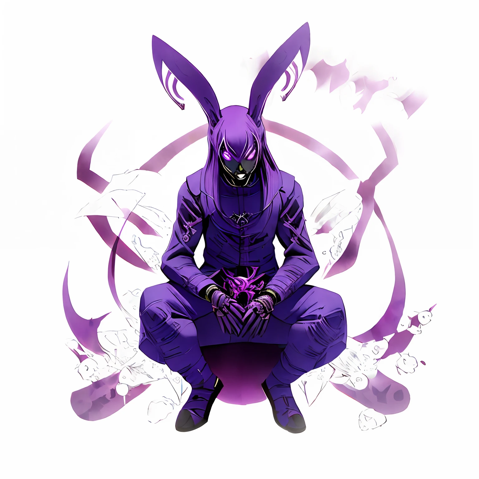 Purple rabbit sitting on purple background on black background, inspired by Kanbun Master, transforming into his final form, rabbit warrior, rabbt_Character, varguyart style, by Kanbun Master, electrixbunny, male djinn man demon hybrid, dapper dream demon, Magical aura of madness, this character has cryokinesis, mewtwo