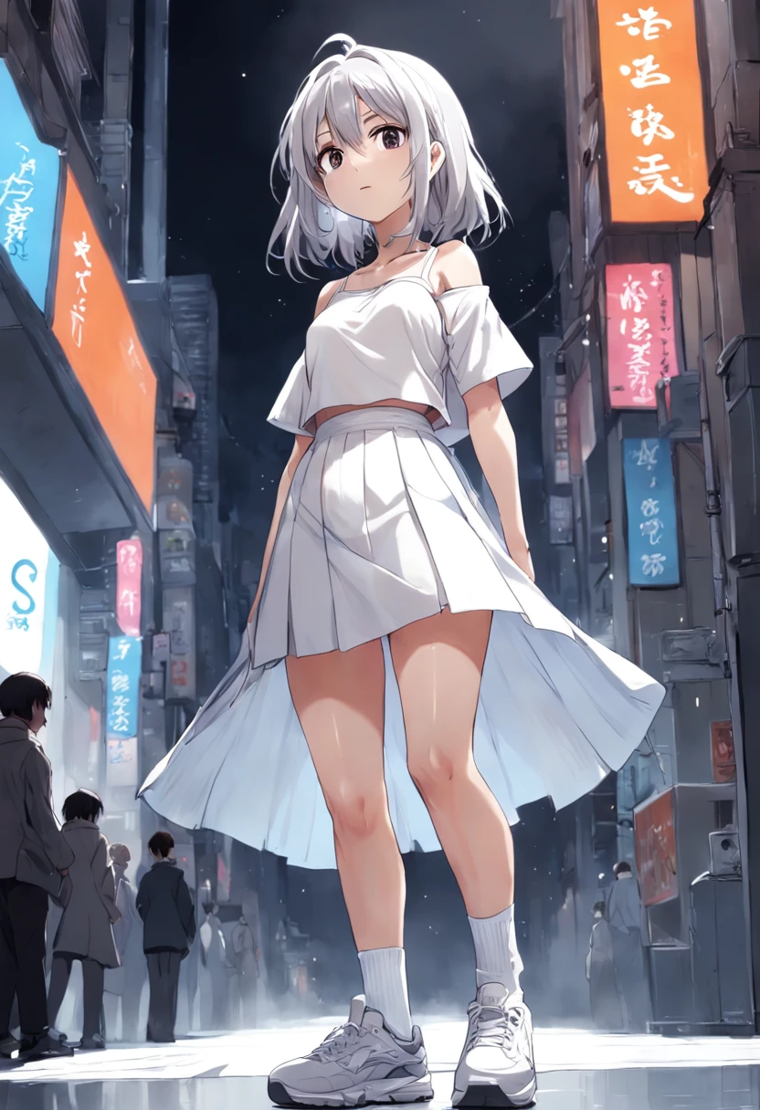 Draft line, a sketch, colorless, monochrome, escala cinza, Extremely low contrast masterpiece, reference sheet, Beautiful layout design, Character introduction, (White page background:1.5), 1 girl, Single, Looking at the audience, entire body image, Standing posture Gray hair, White T-shirt, White pleated skirt, White socks, White sneakers, revealing her belly, Sexy posture, Clothing cutting, off-the-shoulder clothes, Glasses, Wear a bean sprout hair ornament