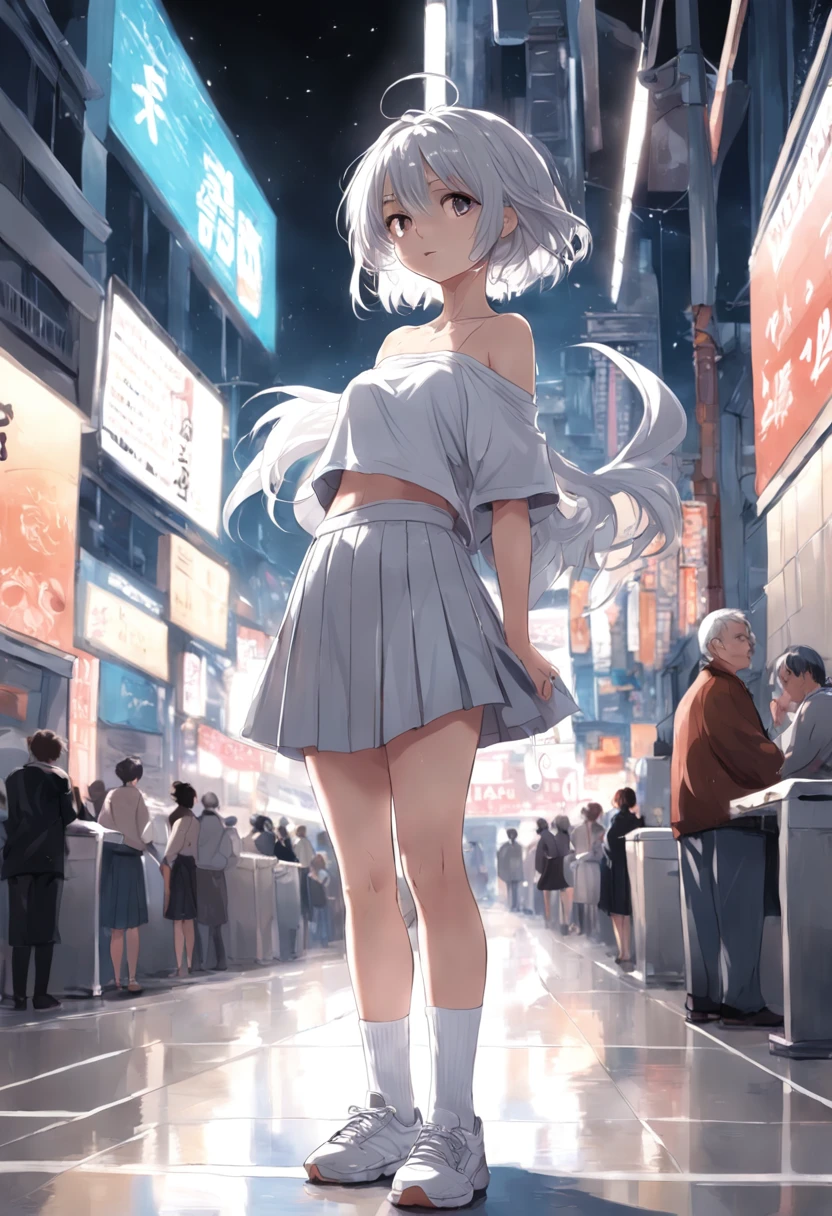 Draft line, a sketch, colorless, monochrome, escala cinza, Extremely low contrast masterpiece, reference sheet, Beautiful layout design, Character introduction, (White page background:1.5), 1 girl, Single, Looking at the audience, entire body image, Standing posture Gray hair, White T-shirt, White pleated skirt, White socks, White sneakers, revealing her belly, Sexy posture, Clothing cutting, off-the-shoulder clothes, Glasses, Wear a bean sprout hair ornament