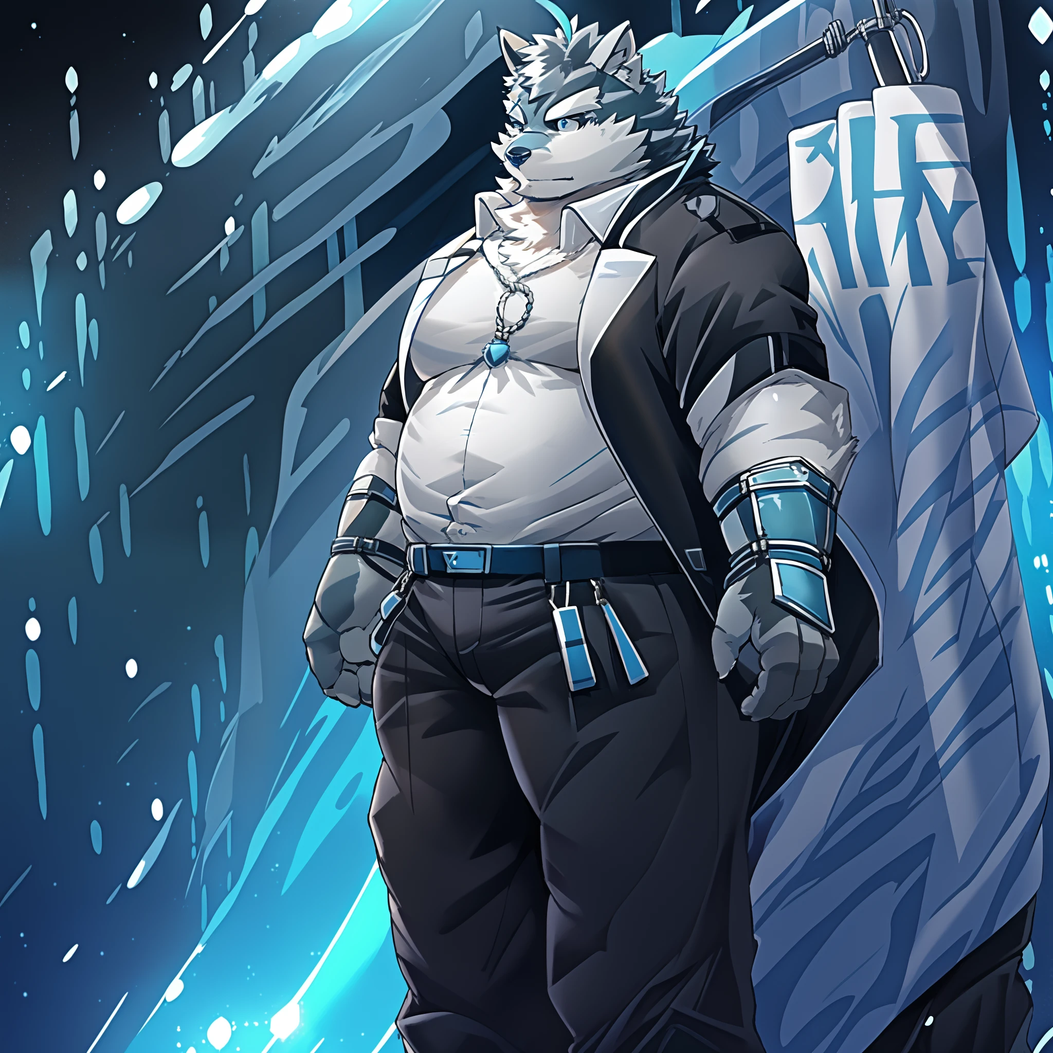 solo person，hairy chest，Lovely belly，Canine orcs，Blue body，Blue-blue eyes，Black ears，Gray trench coat，Black pantsuit，White hood，Two strands of dark blue hair stood on end