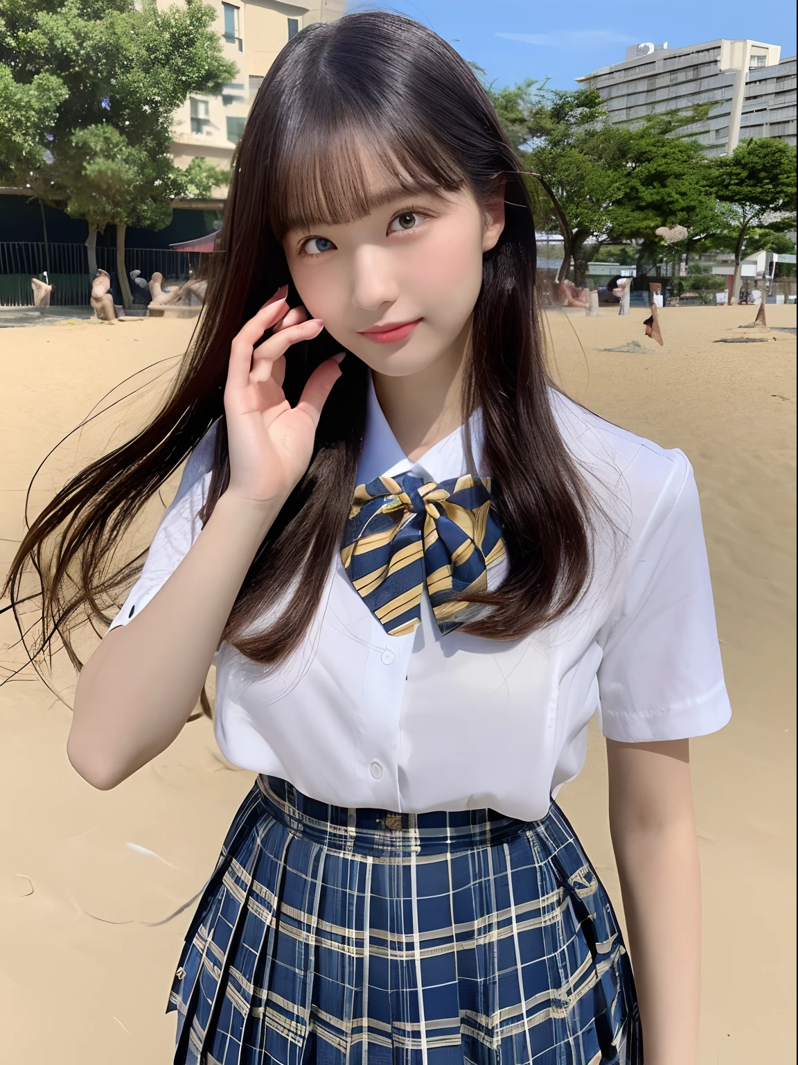 ((top-quality、8K、​masterpiece：1.3))、foco nítido：1.2、Beautiful schoolgirl in perfect style：1.4、A slender、((A dark-haired、huge tit、tits out：1.2))、(夏天、Mare、beach、Enoshima:1.1)、Highly detailed facial and skin texture、A detailed eye、二重まぶた、Sweaty、A sexy、the beach、summer vacation、date、Okinawa、hawaii、Mare、sand beach、ocean view、((beach))、((Uniform 1.5))、jk suit plaid skirt pleated skirt shirt bowtie