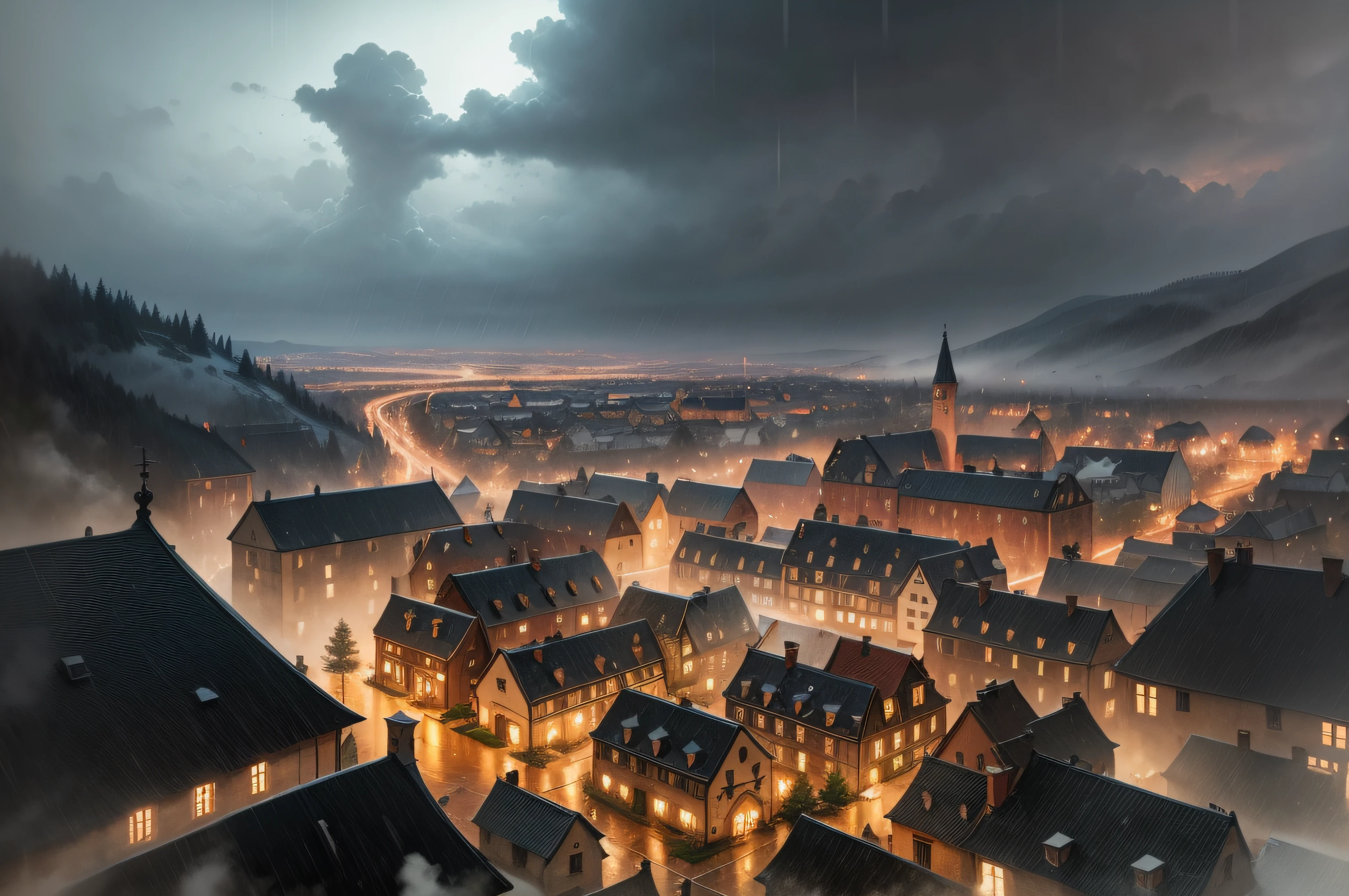 top view of a small medieval town while a heavy luminous rain falls on it