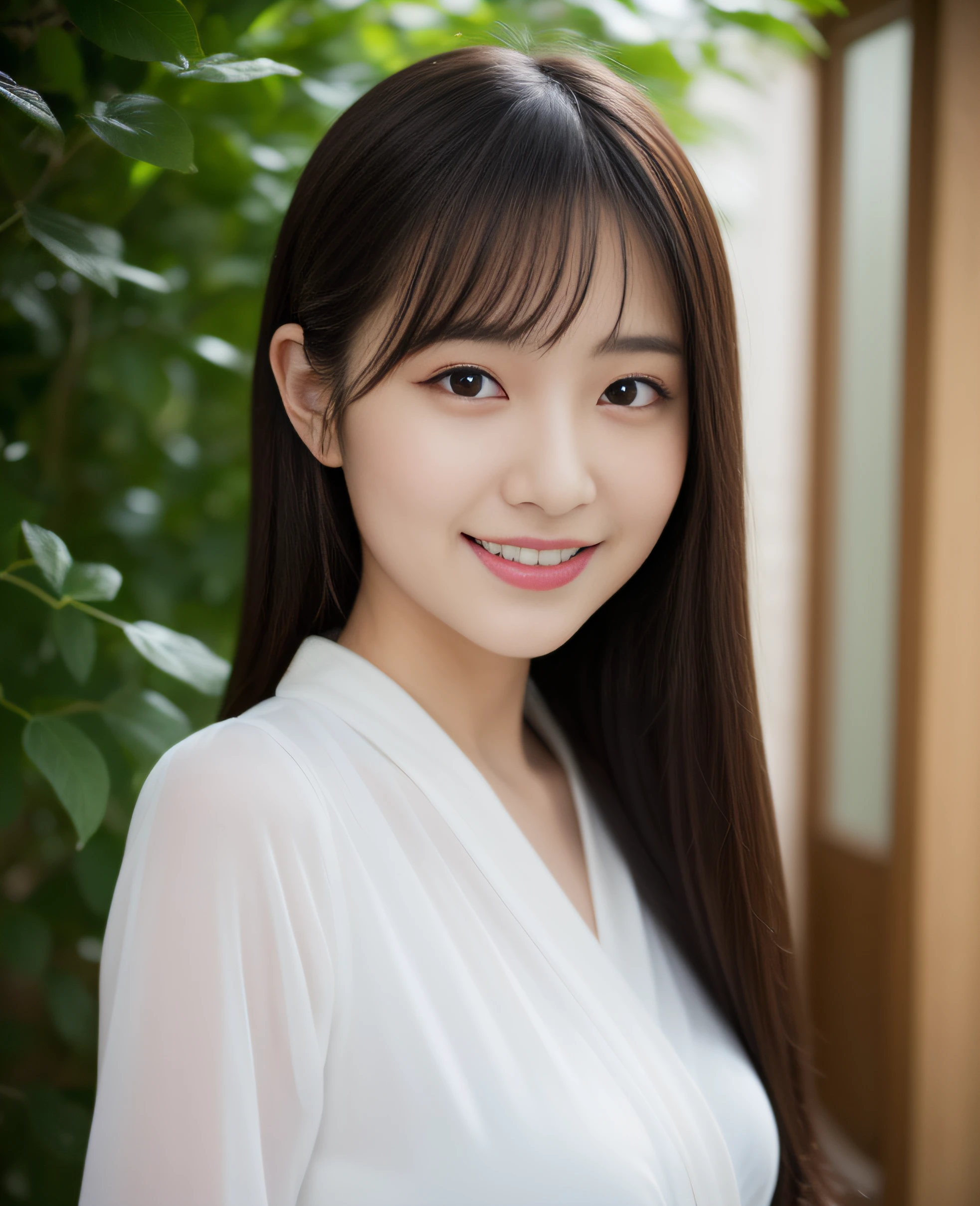 ((best quality, 8K, masterpiece: 1.3)), beautiful girl, pure, melon face, kind and cute, sweet smile, pure desire, slender body, (front), (tilted head), ((looking at camera) ), wearing a yukata, long black silky hair, long flowing shoulders, round black big eyes, clear big eyes, moist red lips, sweet, standing, Ennichi background, (((whole body ) )),