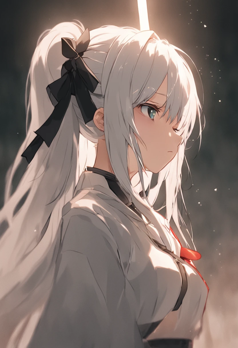 A woman in white leather,Has beautiful white hair,pony tails,Headband,Blank eyes,Horse Ears,Hand pulling black bow and arrow,She was a knight