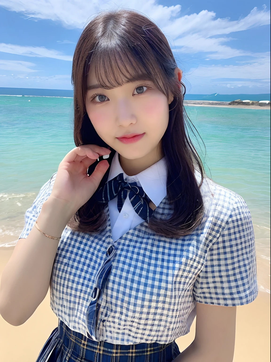 ★composition：(Full body photo)★quality：(2. hug), (Perfect hands:1.2), (Perfect Anatomy:1.2), (best quality:1.3), (masterpiece:1.3), (Very detailed:0.8), 17 years old, 完璧なface, かわいくて左右対称のface, 童face, Pink Lips, (:1.1), High resolution, High resolution, CG Unity 8k, Nice hands, throw, top quality, ★performance：(笑face:1.3), (:1.4), Happy, charm的な, faceを見て感じる, (Look at other people:1.3), looking up★被写体：(toru asakura: 1.3), ★face：detailed face, (beautiful face: 1.1), beautiful girl, cute, charm, beautiful detailed face, ★eye：blue eyes, detailed eyes, キラキラしたeye, charm的なeyeの反射, キラキラ輝くeye元, Pupil depth and three-dimensional effect, 虹彩の色の微妙な変化 ★イルミネーション：Light of the sun, ★chest: 小さなchest、Detailed skin, (chestの谷間:1.4), Shiny skin, ★hair： :(Wolf Cut)★style: animation, shape, (Wet:1.2), ★environment：Ocean, cloud, Day, Beach, ((Red bow tie, , , White shirt, Black plaid skirt)) , jewelry, Earrings, necklace, Earrings, accessories,  ★One：Small Head,  ★action：My whole body is wet