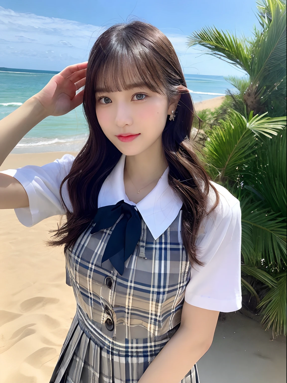((top-quality、8K、masterpiece:1.3))、foco nítido:1.2、Beautiful schoolgirl in perfect style:1.4、A slender、((A dark-haired、huge tit、tits out:1.2))、(夏天、Mare、beach、Enoshima:1.1)、Highly detailed facial and skin texture、A detailed eye、二重まぶた、Sweaty、A sexy、the beach、summer vacation、date、Okinawa、hawaii、Mare、sand beach、ocean view、((beach))、((Uniform 1.5))、jk suit plaid skirt pleated skirt shirt bowtie