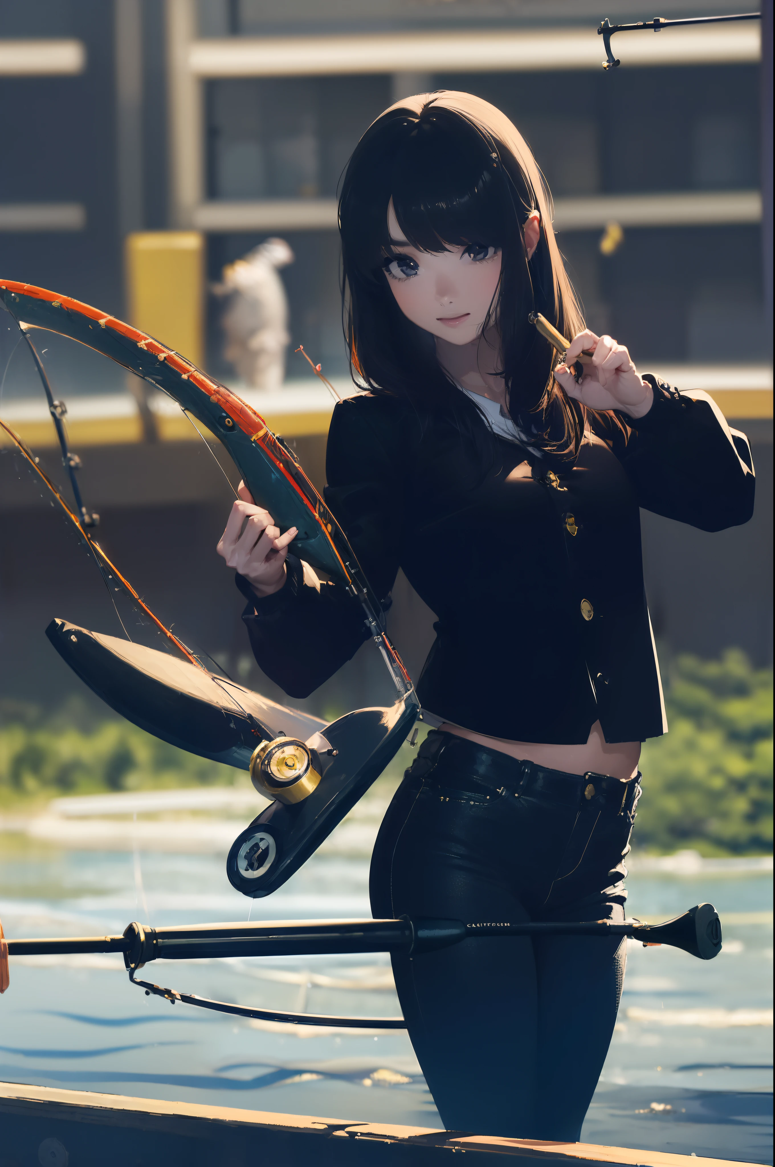 ((((having a fishing rod with a reel by the lakeside:1.5)))),((Female 28 years old)),((Best Quality:1.5)),(((Hands with the correct number and structure of fingers:1.4))),((Big fish:1.37)),hight resolution,ultra-detailliert,​masterpiece,best qualtiy,(Eight-headed body),Black hair, long eyes-lashes, Solid Circle Eyes, drop shadow, Atmospheric perspective,Super Detail, ccurate, small brest,(Black jacket and black jeans :1.1),top-quality, blurry backround, bokeh dof:1.2, (​masterpiece:1.3),  Atmospheric perspective,Super Detail,dynamic compositions,