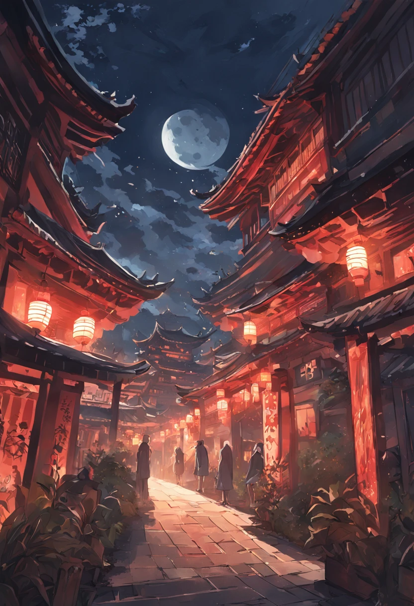 hyper HD, Best quality, A high resolution, High quality, ccurate, 8K，outside，nighttime scene，Leaves as a foreground，（blurryforeground：1.5），Chinese style buildings，the roof，themoon，light and shadow effect，Beautiful light and shadow，Warm tones，（Autumn nights：1.5）