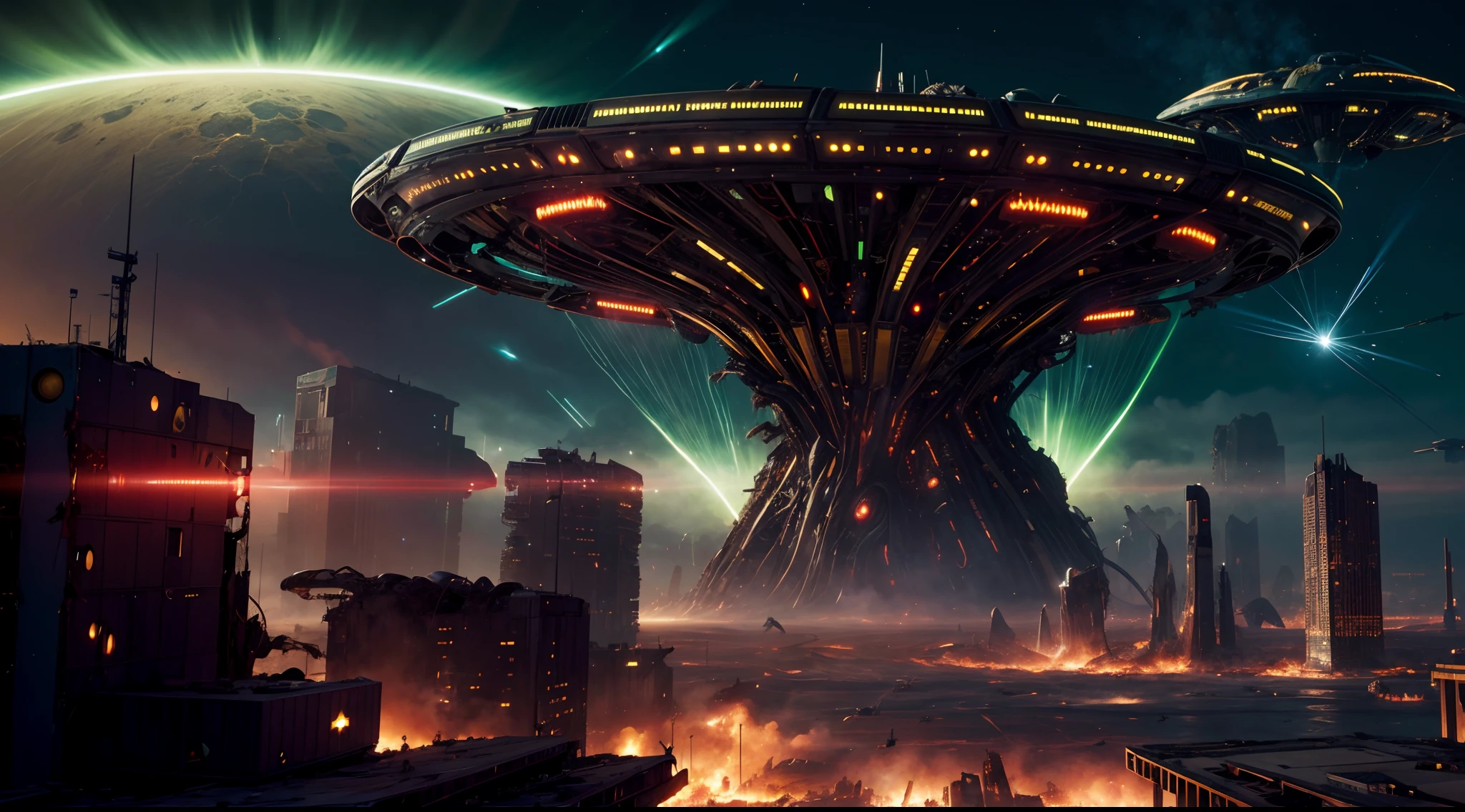 a dynamic digital illustration depicting a relentless alien invasion, where advanced spaceships swarm the skies with sinister intent. The cityscape below is ablaze with chaos as towering buildings crumble and panic sets in among the fleeing citizens. In the midst of this turmoil, A colossal extraterrestrial mothership hovers menacingly, casting an ominous green glow over the devastated landscape. The illustration captures the frantic energy of the invasion, using a blend of sci-fi realism and surrealism to evoke a sense of impending doom.