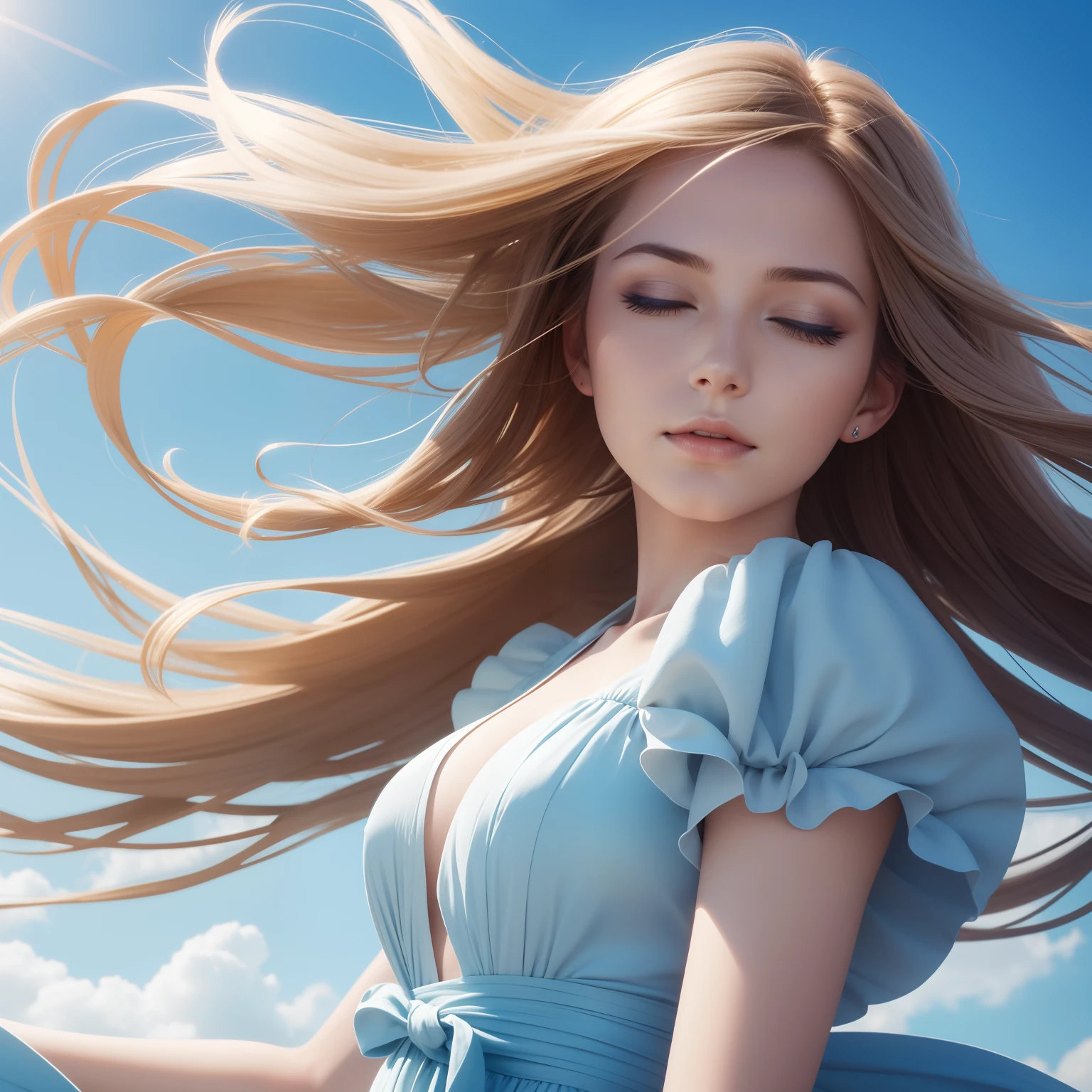 Make the finest, highest quality, woman with hair blowing in the wind, blue sky, eyes closed, fairy, 8K, photorealistic images.