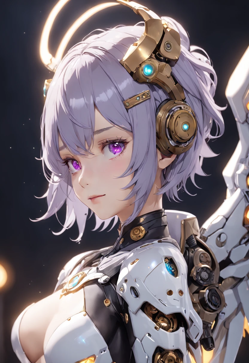 Create a book bot, , With a charming smile, Trigger emotions in people, When you see him, top-quality、tmasterpiece、超A high resolution、(Photorealsitic:1.4)、RAW photo、Steampunk robot angel、Large wing made of metal、White porcelain body、whaite hair、glowy skin、1 Cyborg Girl、((Super realistic details))、porate、The halo of time and gears are constantly spinning behind the back、globalillumination、black shadows、octan render、8K、ultrasharp、Character edge light,Colossal tits、Raw skin is exposed in cleavage、Details of complex ornaments、Acrylic transparent cover、Sumerian details、Hydraulic cylinder、small led lights、highly intricate detail、Realistic light、a purple eye、Radiant eyes、Facing the camera、neon light detail、cow boy shot、Futuristic headgear、Floor plan about the《cyber punk perssonage》、、highest quality、Extra meticulous、future-tech、Faraway view、Full body photo、