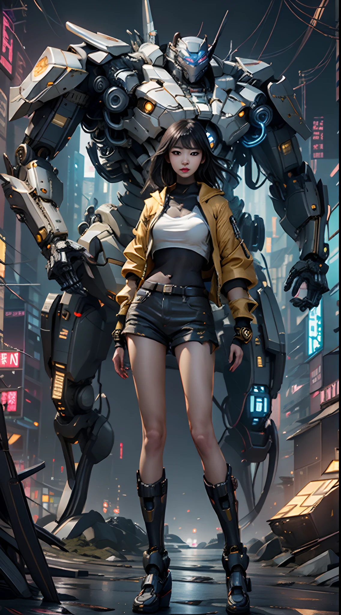 Boutique,best quality,Gold jewelry,(slip out feet),Fairy skin,(Fidelity :1.2),Standing,Super Detailed,realistic,High quality,Movie Light,Ray tracking,Ultra HD,Upper body
Girl in shorts and jacket standing next to giant robotic cat, Guweiz style artwork, CyberPunk mech, Trends on CGSTATION, Guweiz, Russell Dongjun Lu, digital cyberpunk anime art, Ross Tran 8 K, Guweiz on ArtStation Pixiv, Girl in mecha network armor