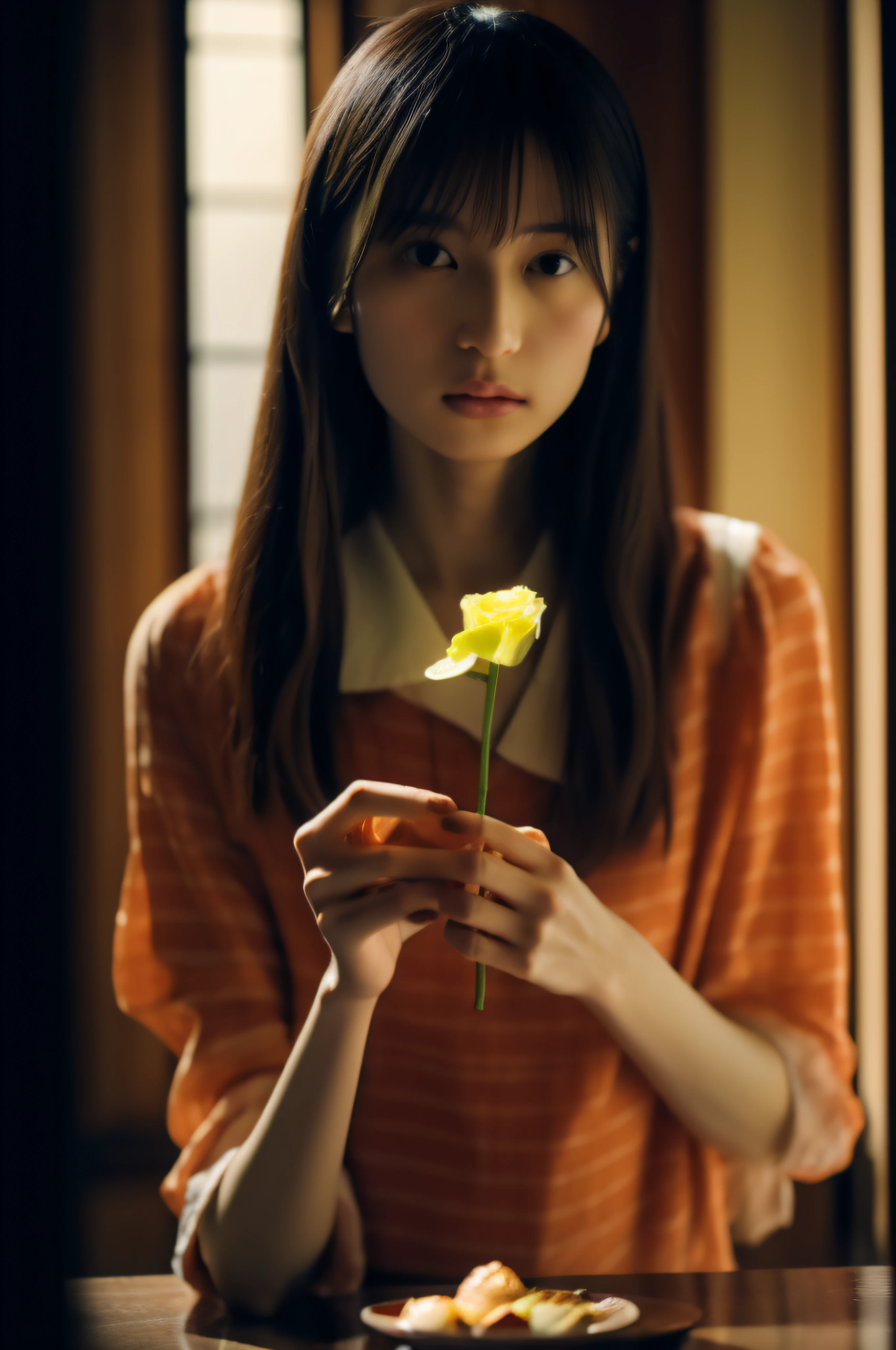 top-quality、8k picture、There is a woman sitting at a table holding a croissant and a rose, elegant japanese woman, deayami kojima, 奈良美智, by Ayami Kojima, style of yoshii chie, kiko mizuhara, inspired by Fujiwara Takanobu, inspired by Yuko Tatsushima