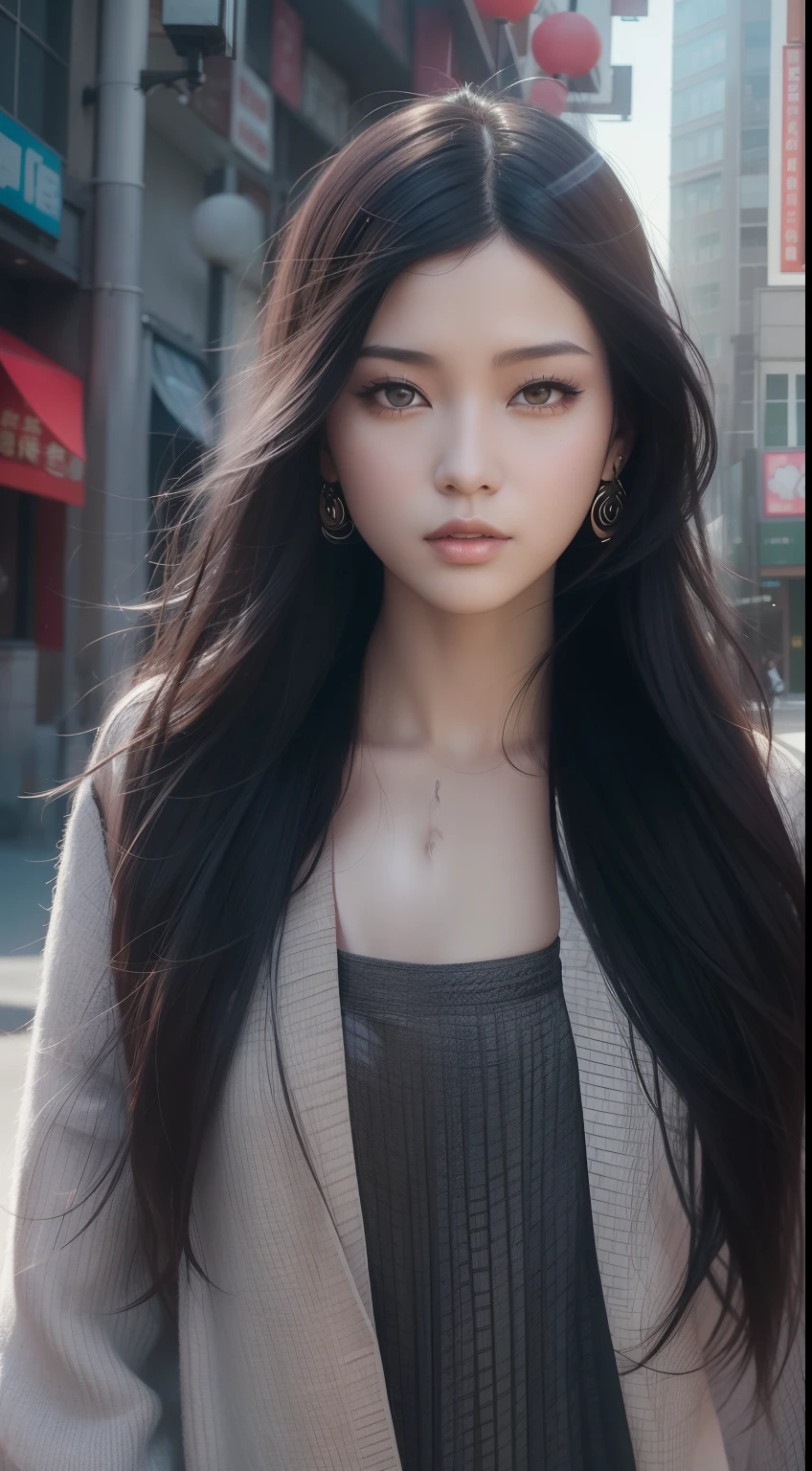 Woman with long black hair walking on a new Chinese modern street, realistic art style, Guviz-style artwork, style of surrealism, Photorealistic art style, art of photography, Photorealistic detail and light and shadow,super detailing,8K