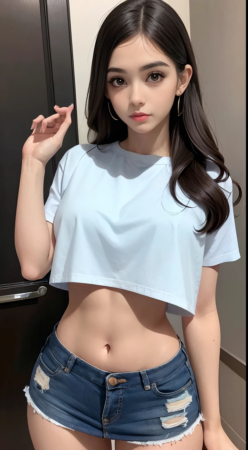 ((Top quality, 8k, Masterpiece: 1.3)), Beauty, Hidden Face, 1 Girl, Beauty: 1.3, Slender Abs: 1.1, Large Men's Shirt (Loose: 1.4) Exposed, No Underwear, Denim Ultra Shorts, Full, Long Brunette Hair, (Sitting Cross-legged on the sofa), Ultra-detailed face, Highly detailed lips, Detailed eyes, double eyelids, Strict head-to-body ratio: 1.5,