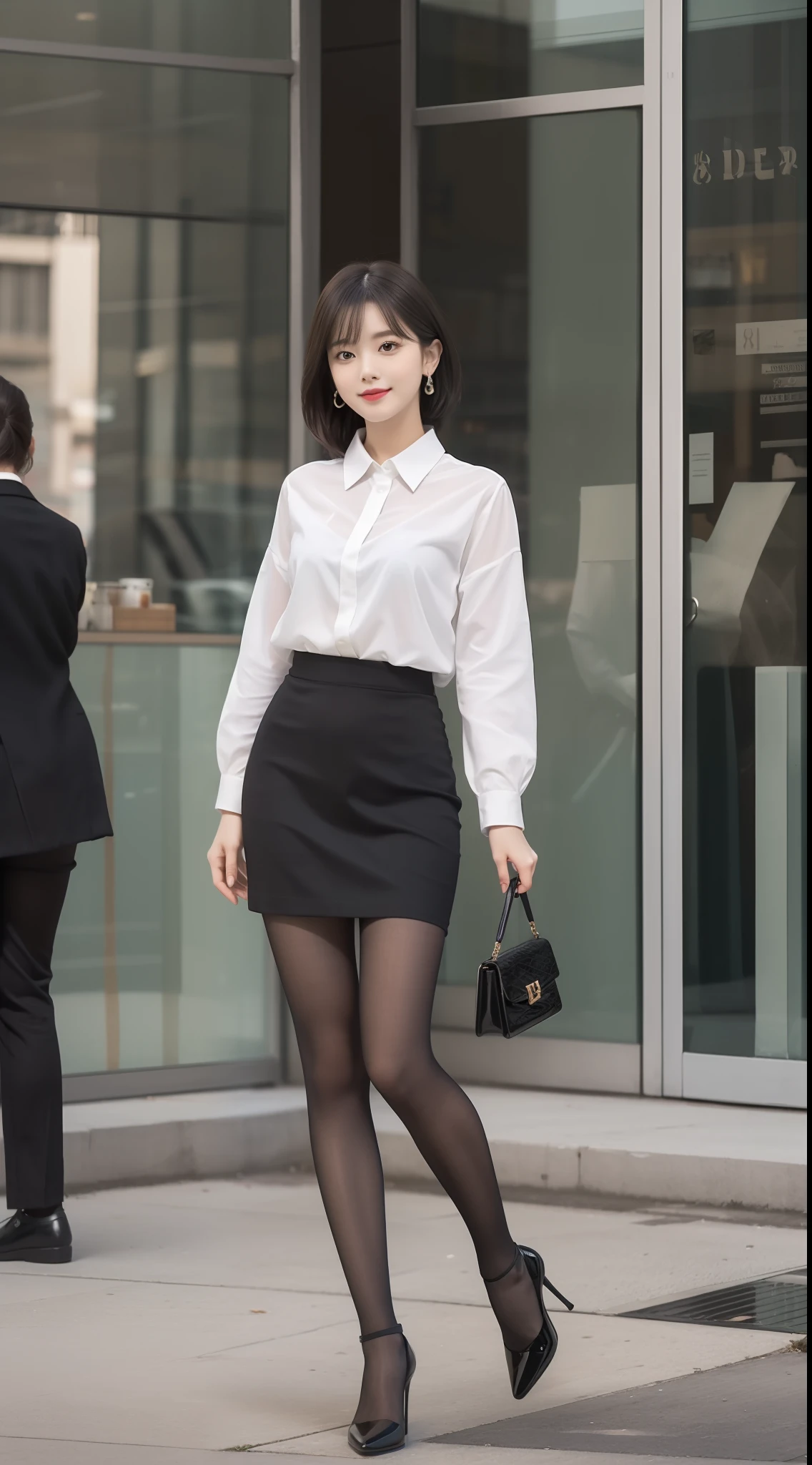 (true to life,Photorealistic 1.5),((best qualtiy, 8K, tmasterpiece:1.3)),SLR camera (二重まぶた,largeeyes:1.3),(smile1.5),(Full body photo 1.5)(One person 1.5)Clear focus 1.2, Perfect body beauty:1.4 , Delicate skin1.1,(Short silver-white hair 1.6),(Fashion watch 1.4),(Pure desire 1.3)(Black pantyhose 1.5)(The leg length is 1 meter 21.5),Slender legs,Slender legs,White shirt,In black suit,pleatedskirt,With earrings,bangle,Stand on the lively street