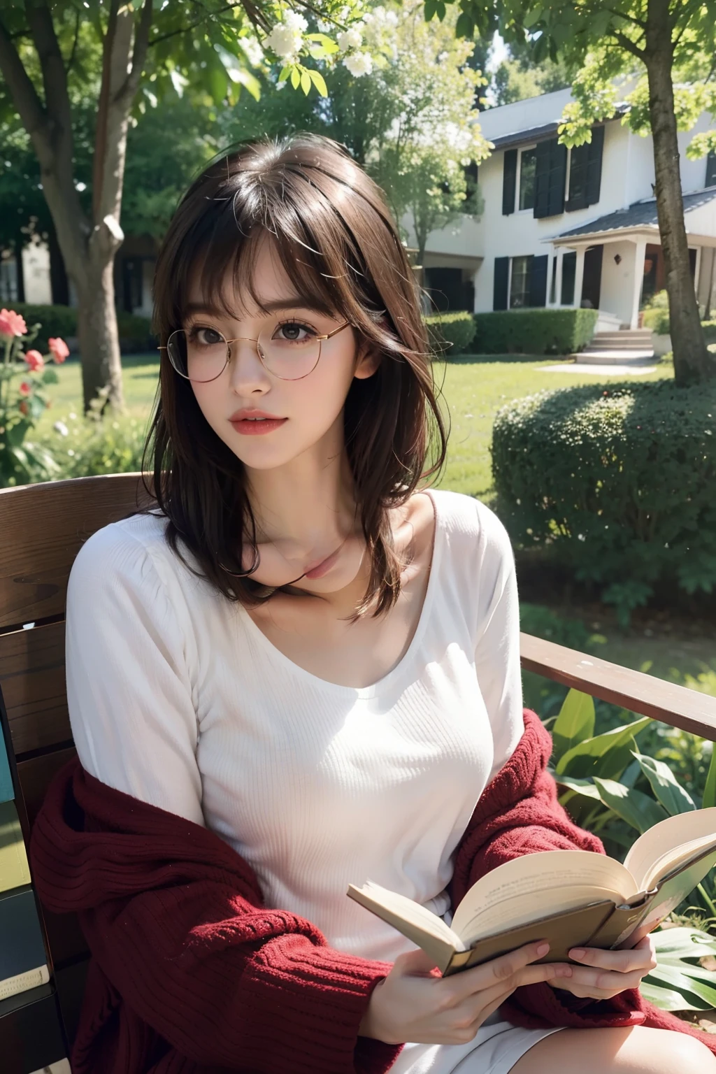 With round-rimmed glasses,Brunette bangs,Clothes are not covered,Dress loosely,High-looking idyllic beauty,Reading a book