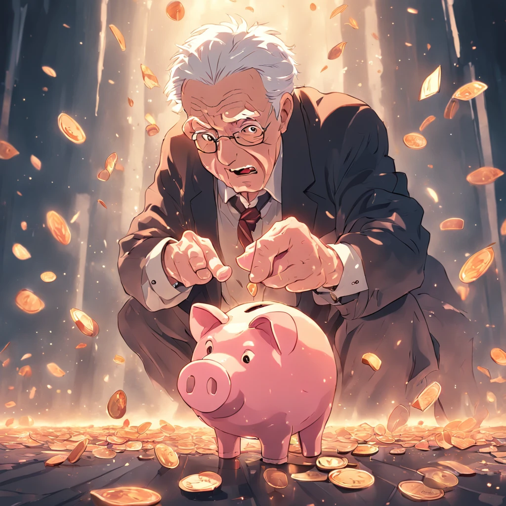 Old man breaking piggy bank