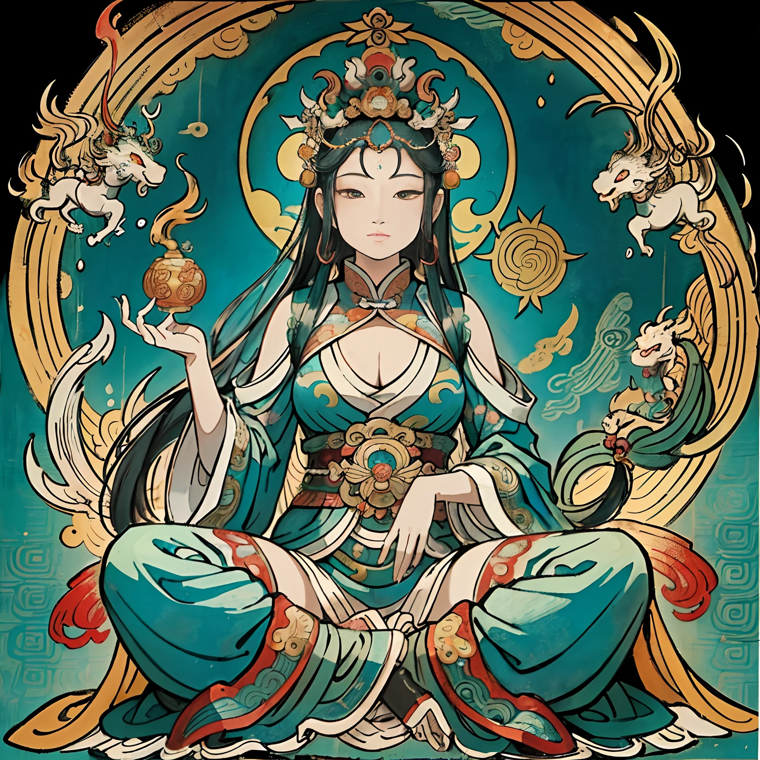 an ancient Chinese goddess, guanyin of the southern seas, Guanyin, Inspired by India, Avalokiteshvara rides a dragon,,Serene expression,shui mo hua,Buddha,Buddhist,Lotus,Chinese painting style,Thangka style