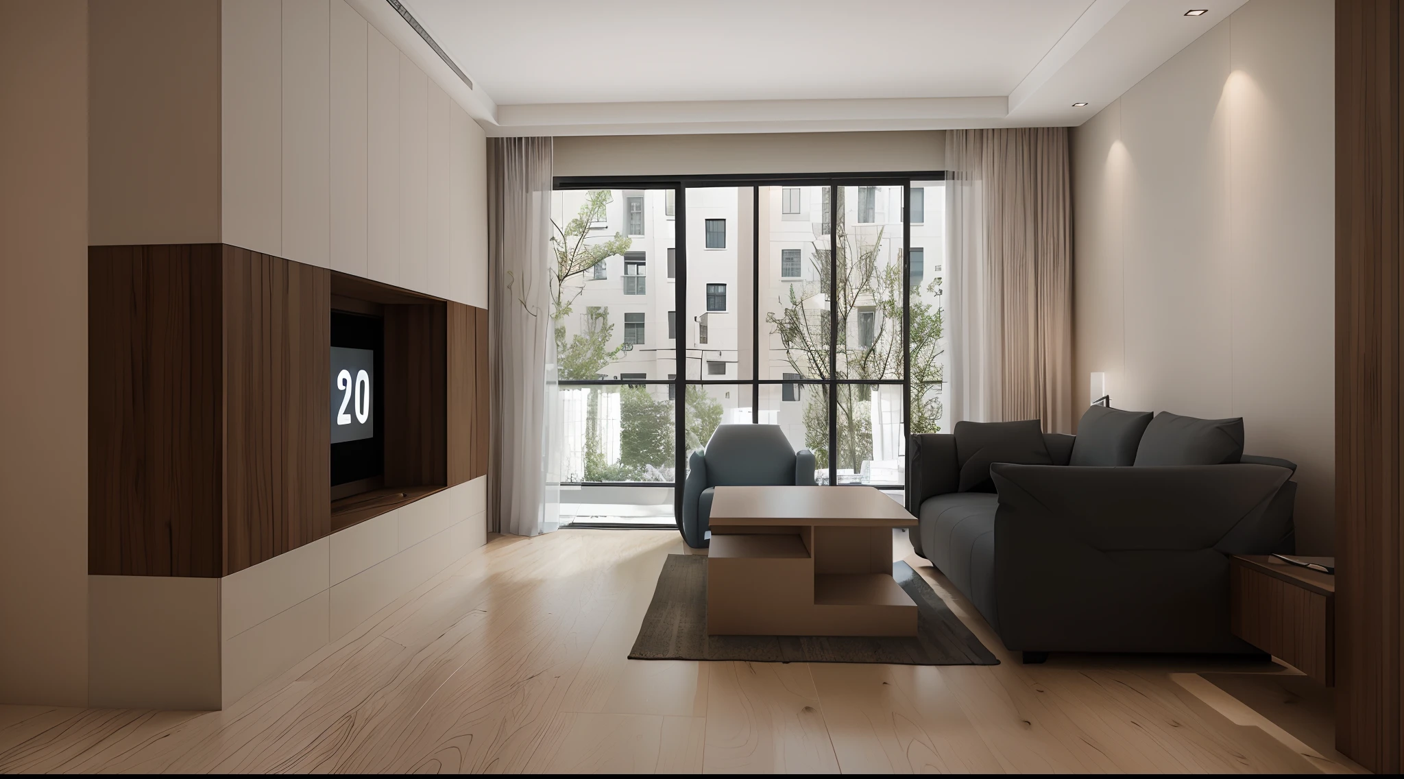 there is a living room with a couch, chair, coffee table and television, modern minimalist f 2 0 clean, modern minimalist f 2 0, very realistic 3 d render, rendering in Unreal Engine 6, location in a apartment, rendered in 8 k unreal engine, archviz, apartment design, excellent 3d render, rendered with unreal engine, Realistic physical rendering,The floors are matte oak