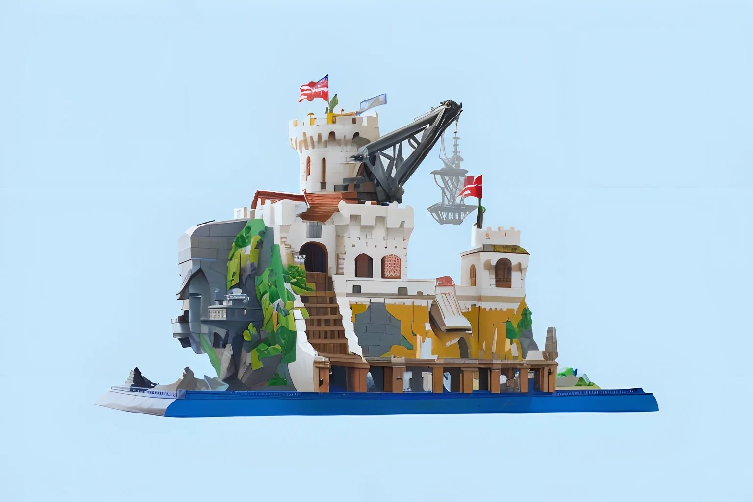 There is a castle，There is a crane on it, detailed wide shot, very very highly detailed, pirate setting, hq very detailed, Pirate ship, mega highly detailed, mining outpost, very high detail, ultra-detailliert, highly detailed shot, ultra-detailliert, also very detailed, very full detail, establishing shot, very very highly detailed, The details are good